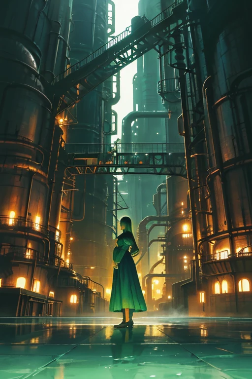 a woman standing in front of an oil refinery, a matte painting, inspired by Alejandro Burdisio, deviantart, magic realism, beautiful green liquid, angus mcbride, green water, american mcgee's alice
