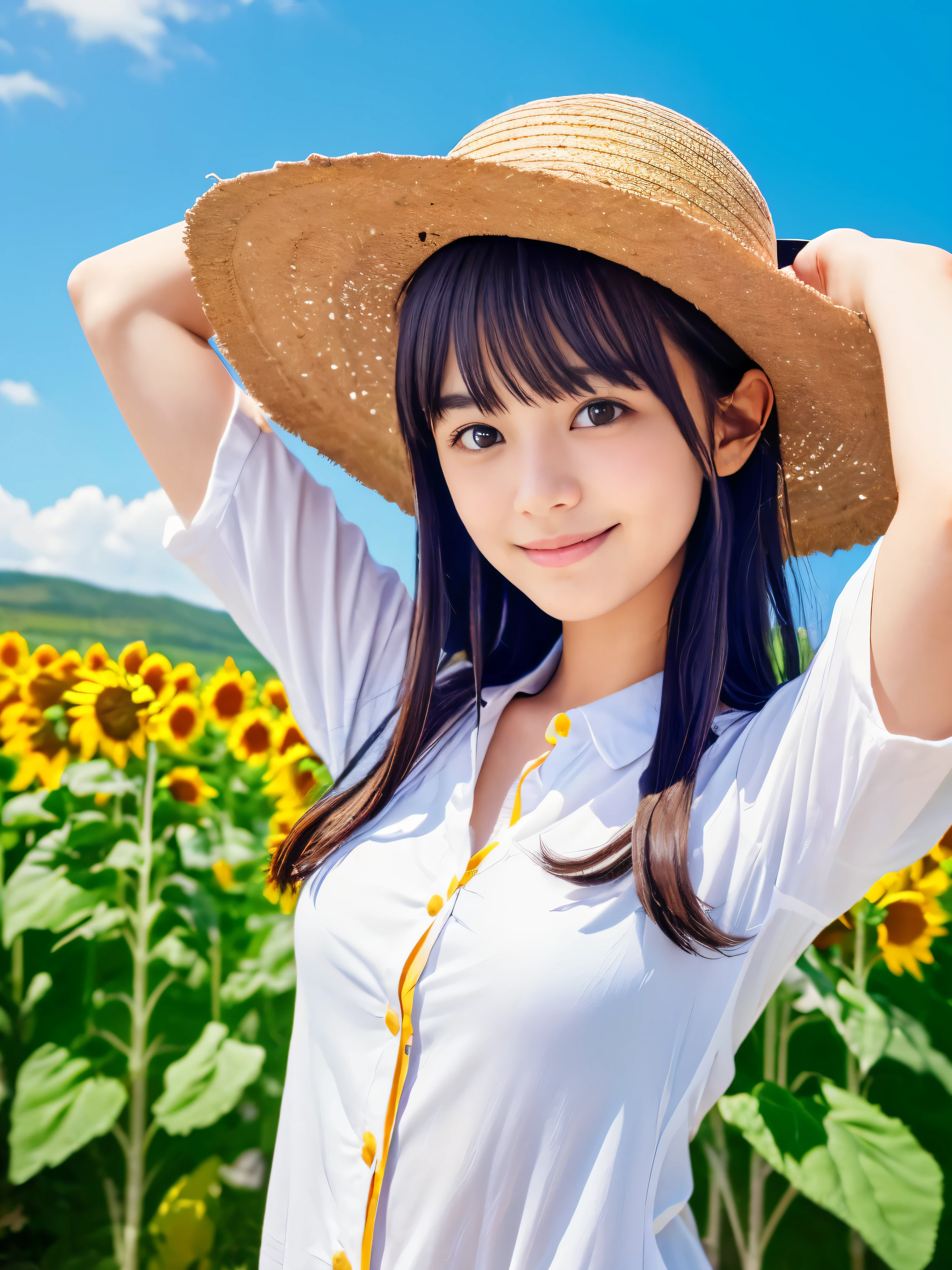 (Close-up of a slender small-breasted dark silver long-haired girl with flowing bangs wearing a white shirt and straw hat:1.5)、(A girl is surrounded by sunflowers with her arms outstretched and a small smile on her face.:1.5)、(summer blue sky:1.5)、(blurred background:1.5)、(perfect anatomy:1.5)、photorealistic stick、RAW photo、table top、highest quality、High resolution、delicate and beautiful、perfect face、delicate and beautiful目元の空気肌、real human skin、((thin legs))
