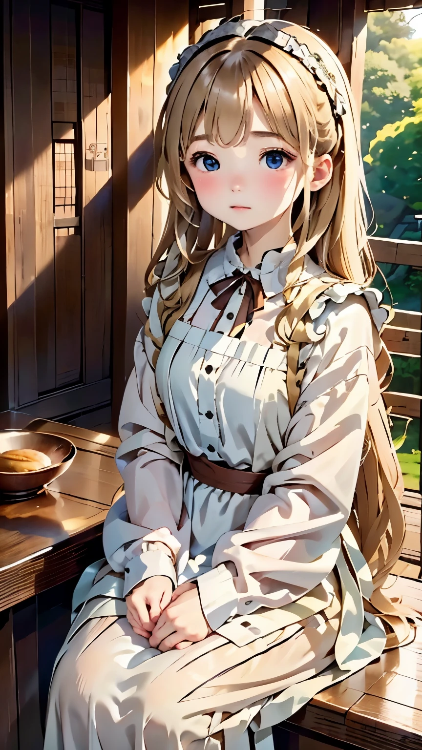 one girl、cute face、small face、small nose、plump lips、blonde hair、Maid clothes、Fair skin、Often full-length and long-sleeved、Pair it with a white apron、daily、maid service、gentle expression、Countryside view、Featuring gorgeous woodwork, Abundant tapestries