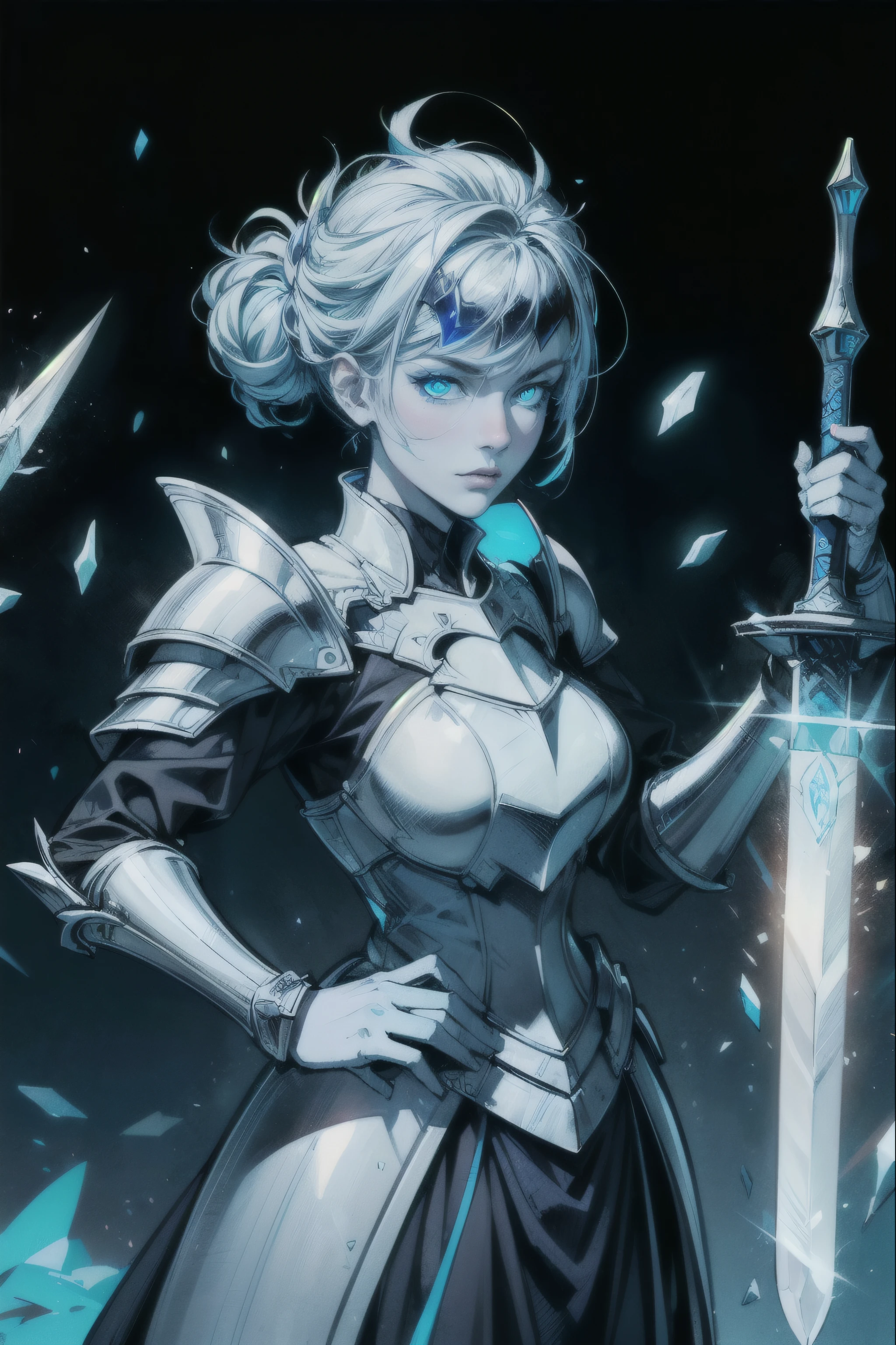 (colorful line art logo portrait) of royal knight, plate armor, (holding blue-glowing legendary sword with both hands:1.3), ice shards are scattering around