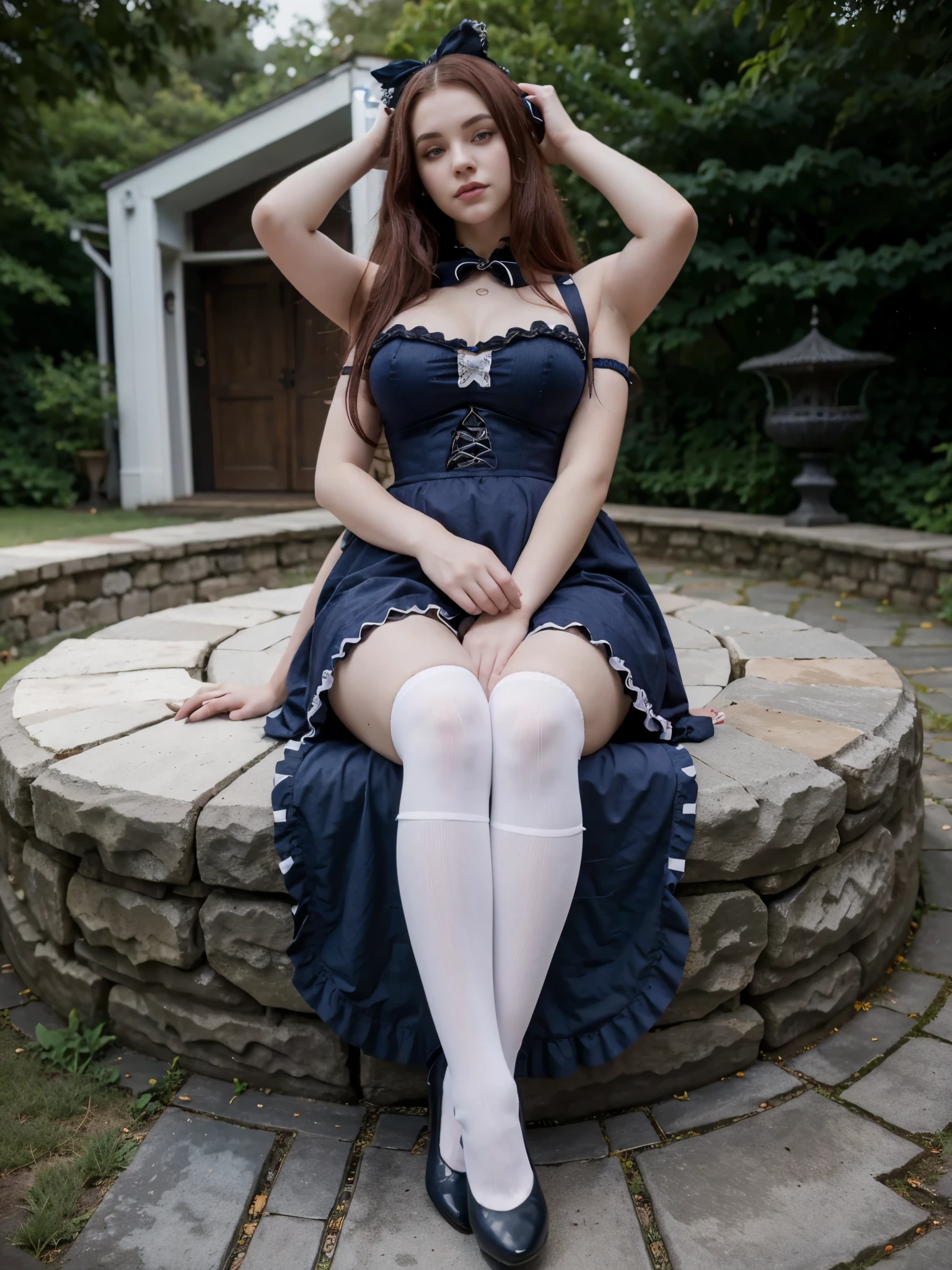 Goth ta girl, four arms, three legs, curvy, age 21, pale skin, dark eyes, sitting in an outdoor garden, dark blue elegant Loliress, dark red hair in white ribbons, knee high socks, black heels, legs crossed, very realistic,