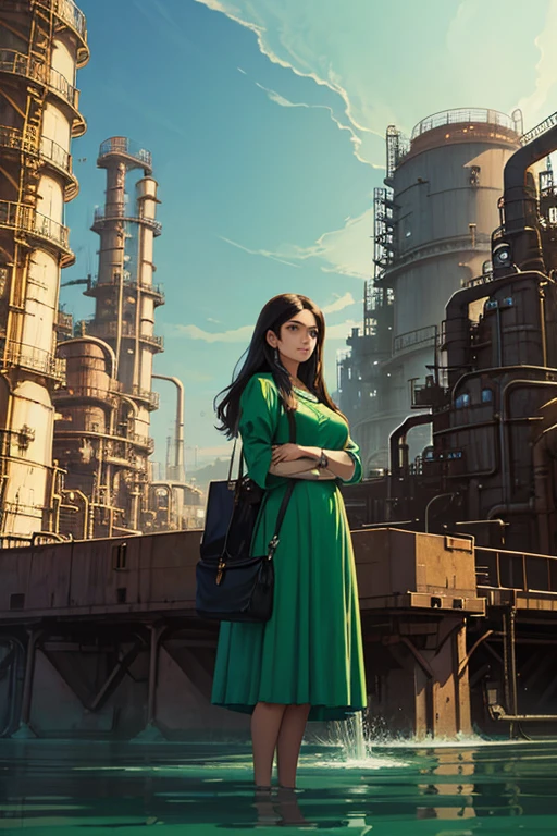 a woman standing in front of an oil refinery, a matte painting, inspired by Alejandro Burdisio, deviantart, magic realism, beautiful green liquid, angus mcbride, green water, american mcgee's alice
