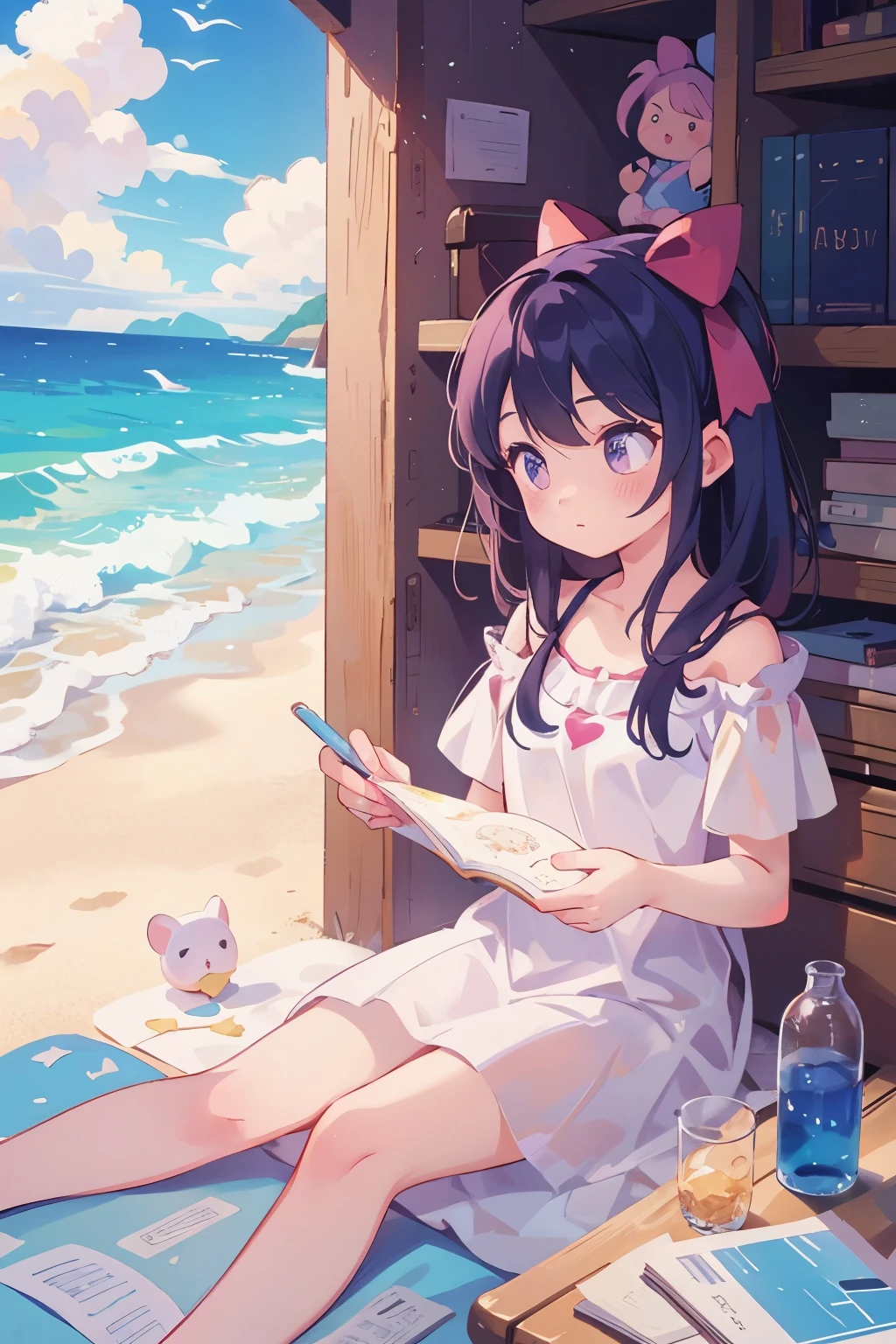 Photoreal、Illustration of a girl on the beach,she is a magical girl、practicing magic