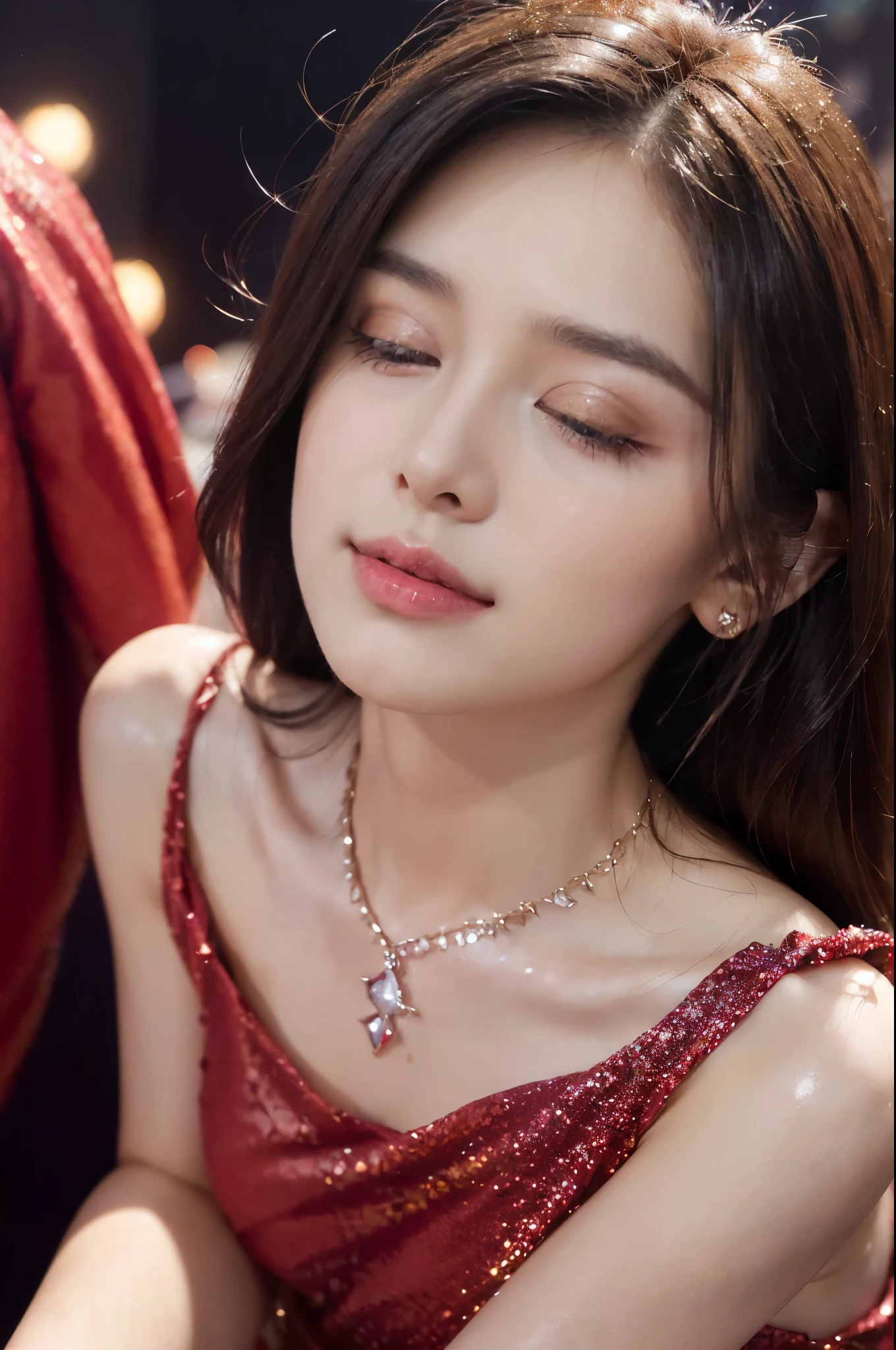 ((((8k))),((Extremely meticulous CG)),(wallpaper),16k,((Extremely refined and beautiful)),(((Masterpiece))),(((best qualtiy))),(((Ultra High Resolution))),beautiful light up,Perfect lightning,realistic shaded,(high resolution),(Smooth and flawless fair skin:1.5),(pale skin:1.3),Extremely exquisite facial details,(perfect body:1.1),ultra-detailed,a girl,solo,small head,(shoulder length straight bob hair:1.1),small face,Exquisite makeup,(close eyes:1.5),(fainting:1.3),(open mouth:1.5),(pouting:1.5),(blush:1.3),(female orgasmic:1.5),(ahegao:1.1),(slim,thin),(happy:1.2),(smile:1.2),(small breasts:1.2),(flat chest:1.2),(Crystal Necklace:1.1),(Maxi Gorgeous sparkle red dress:1.5),(night scene:1.5),indoor,(standing On the dazzling stage:1.3),(Modern Cyberpunk Style:1.3),(Spring Festival festive atmosphere:1.3),(detailed background:1.5),(close-up of face:1.3),(from front:1.3),(bright light:1.3),