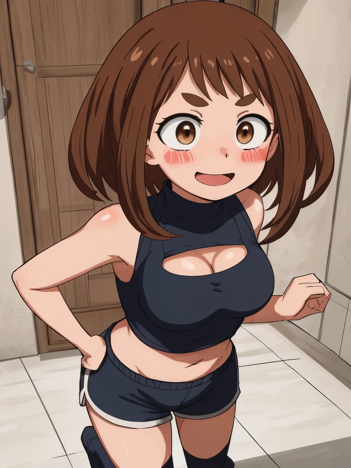 uraraka ochako boku no hero academia 1 girl, thick eyebrows blush stickers, brown hair, brown eyes, short hair, sideburns, medium breasts skindentation smile :D blush 1girl, bangs, tight shoulders,  body, 16 year old girl,  blushing, Boots, breasts, cleavage, sweetheart neckline, 
 closed mouth, Eyebrows visible in the hair, Very small breasts, long hair , Looking at viewer, smiling, tense, Standing, dolphin shorts, front viewer showing breasts, Ultra HD |, 4k image, 