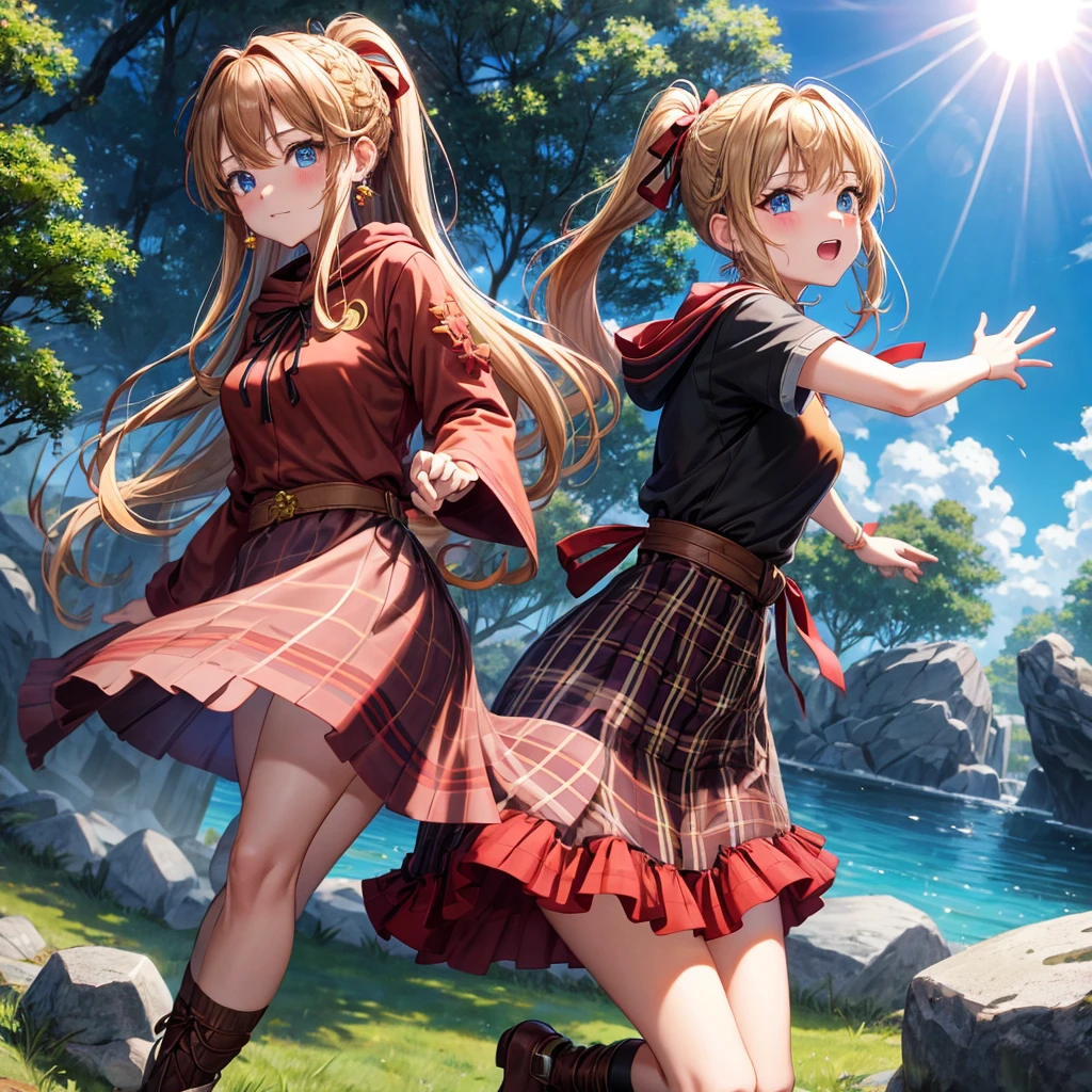 reddish-brown blonde、blue eyes、Braid、ponytail、one good looking girl、solo、anime、Plaid miniskirt、camisole、black t-shirt、dress、Doing the ribbon、Ribbon at waist、cloak、Crystal Grotto、wearing a hood、grass、clouds are swirling、stone slabs are piled up、One hand is raised、Wearing a baseball cap 、crystal earrings、sun