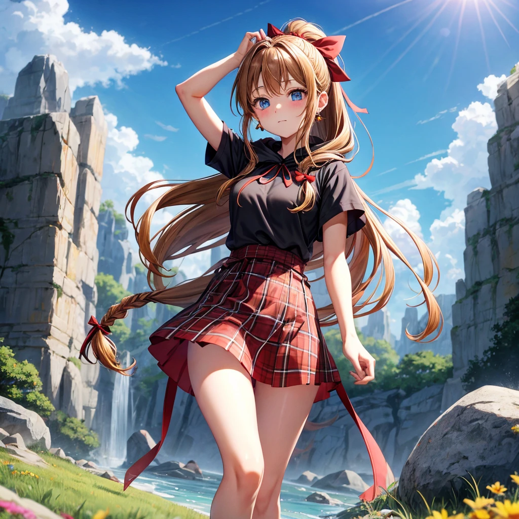 reddish-brown blonde、blue eyes、Braid、ponytail、one good looking girl、solo、anime、Plaid miniskirt、camisole、black t-shirt、dress、Doing the ribbon、Ribbon at waist、cloak、Crystal Grotto、wearing a hood、grass、clouds are swirling、stone slabs are piled up、One hand is raised、Wearing a baseball cap 、crystal earrings、sun
