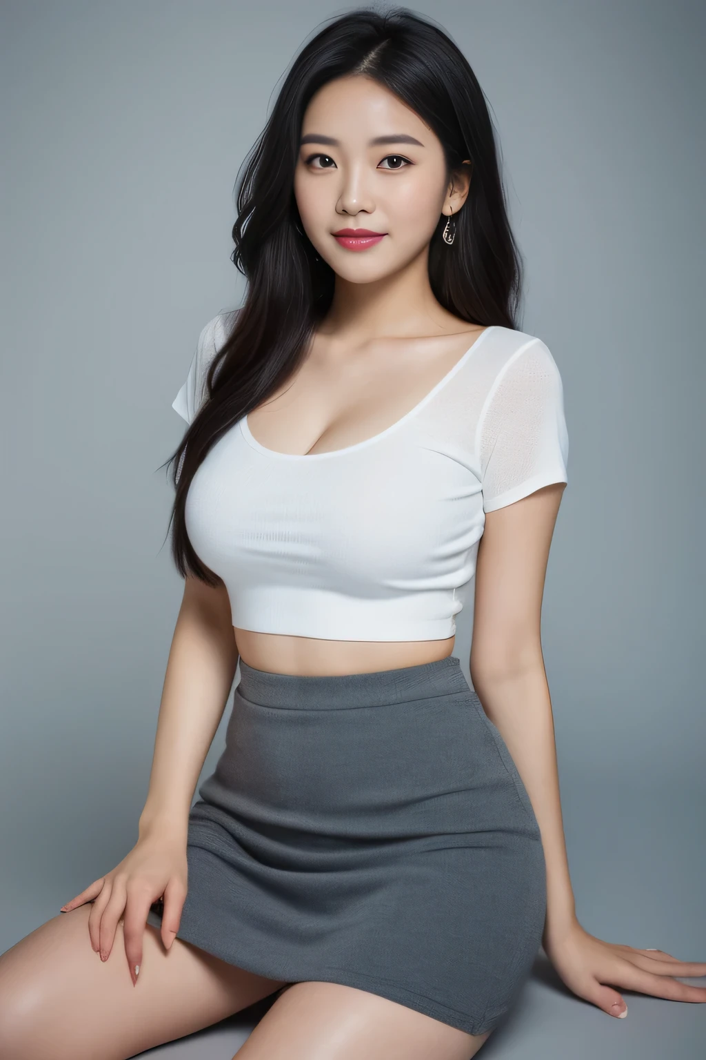 (highest quality, 8K, masterpiece: 1.3)) , (1 person: 1.4), 1 female, korean woman, goddess, 25 years old, portrait photography, high contrast, Thin projection method, aperture F1.2, Focal length 24mm, ( whole body: 1.2), smile, photo pose, mini skirt, trainer, long black hair, tied hair, Highly detailed skin details, detailed fabric texture, big breasts, thick thighs