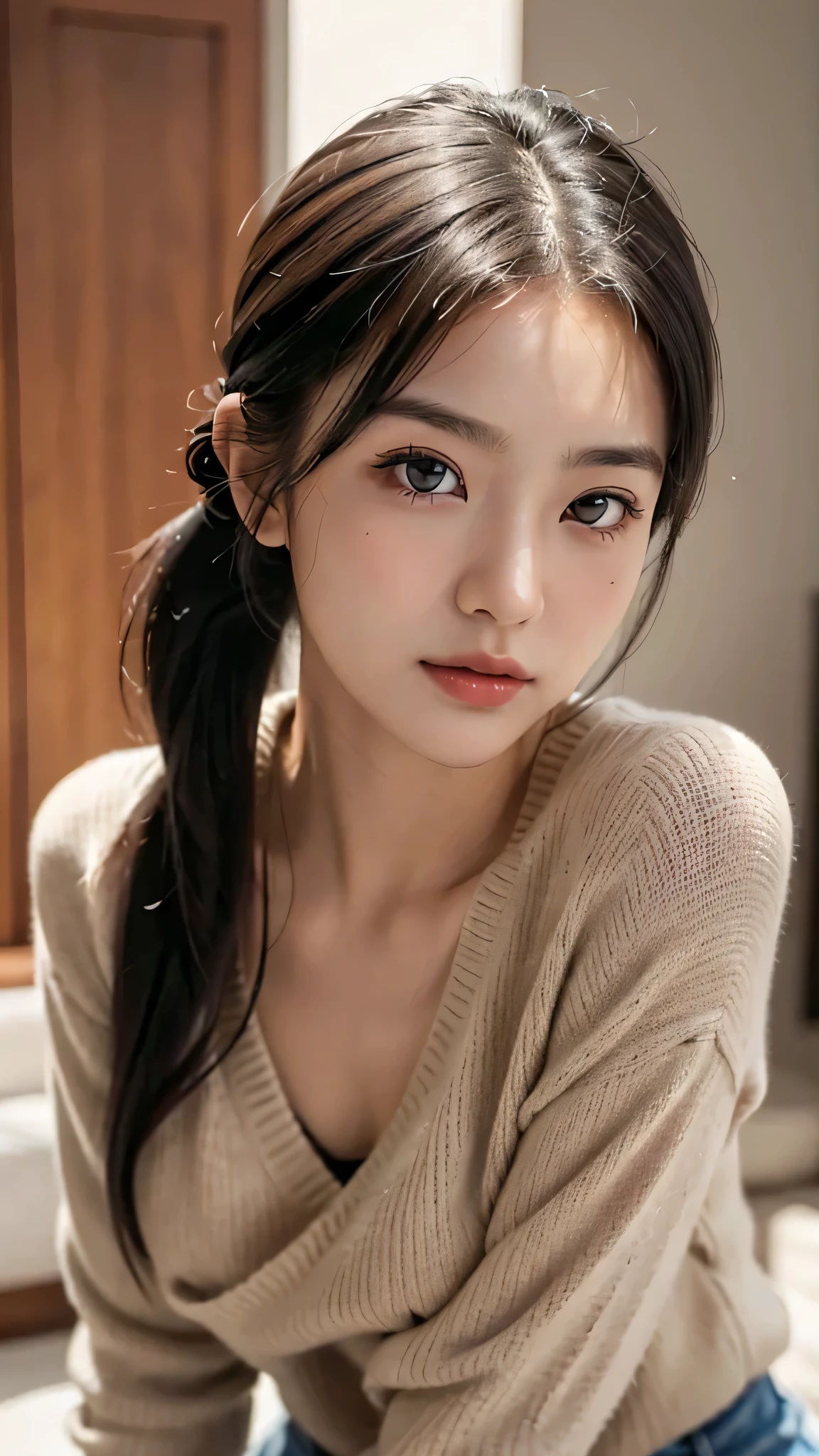 One woman,fully body photo,masutepiece, The highest image quality, High quality, the background is clear,Beautiful woman, Japanese, Detailed, Detailed eyes, Detailed skin, Beautiful skin, 超hight resolution, (reality: 1.4),Very beautiful woman, Slightly younger face, Beautiful skin, slender, (Ultra photo realsisim), (hight resolution), (8K), (Very detailed) (beautifully detailed eyes), (super detailed), (Detailed face), view the viewer, Fine details, Detailed face, Staring straight ahead, Staring straight ahead, photos realistic, Bright lighting, Professional Lighting, Black hair,poneyTail,a baby face,sixteen years old,髪型はponeyTail,ロングのponeyTailの髪型,slight smile,Long Sleeve Knitwear,European Streets
