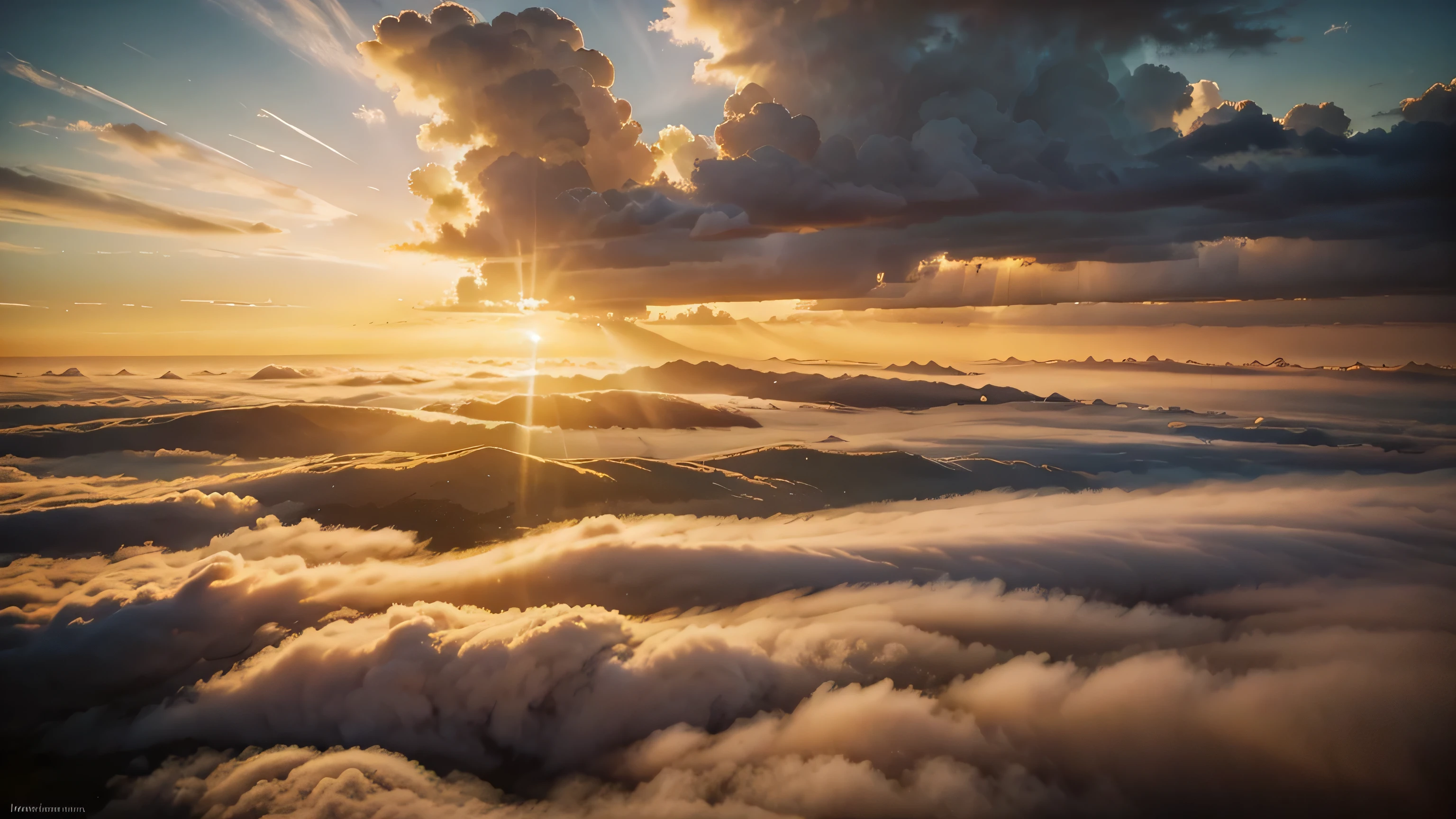 (yellowish sky,sunlight shining through dense clouds),oil painting,atmosfera texturizada,pinceladas suaves,estilo impressionista,cores vibrantes,sunset lighting,peaceful setting,paisagem de nuvens serena,tons quentes sutis,ethereal beauty,Horizonte brilhante,Tons pastel,paisagem sublime,ambiente de sonho,ethereal rays of light,atmosfera tranquila,sereno e calmo,camadas de nuvens,tons de rosa e laranja,majestoso e inspirador,serene and breathtaking,tranquilidade no ar,sunbeam in the sky,pictorial clouds,luz celestial,sereno e dourado,Toque de Magia,brilho radiante,vista deslumbrante,Serenidade em movimento,Harmonia na Natureza,Serene and ethereal,beleza sublime,horizonte infinito,suave e calmante,Tranquilo e calmo,surreal elegance,maravilha natural.