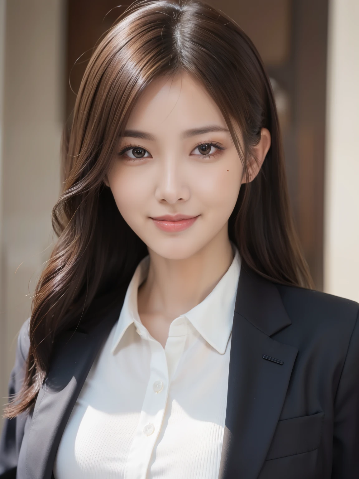 Masutepiece, Best Quality, Photorealistic, Ultra-detailed, finely detail, High resolution, 8K Wallpaper, 1 beautiful woman,, light brown messy hair, in a business suit, big breasts, foco nítido, Perfect dynamic composition, Beautiful detailed eyes, detailed hairs, Detailed realistic skin texture, Smiling, Close-up portrait, Model body type,