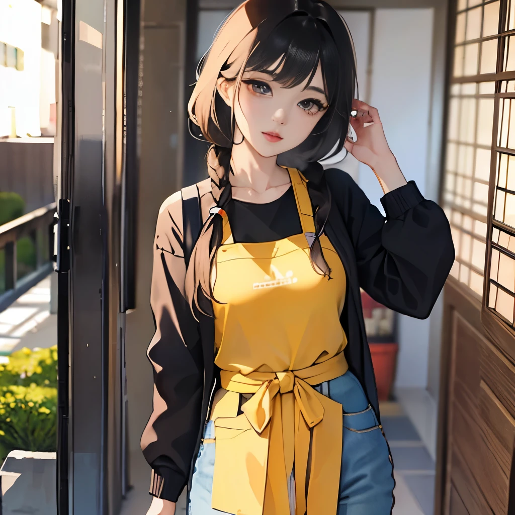 masterpiece、muste piece、Japanese anime girl with one braid、full body shot、perfect body proportions、huge breasts、wear a sweater、wear a long yellow apron、Wear tight-fitting denim pants、