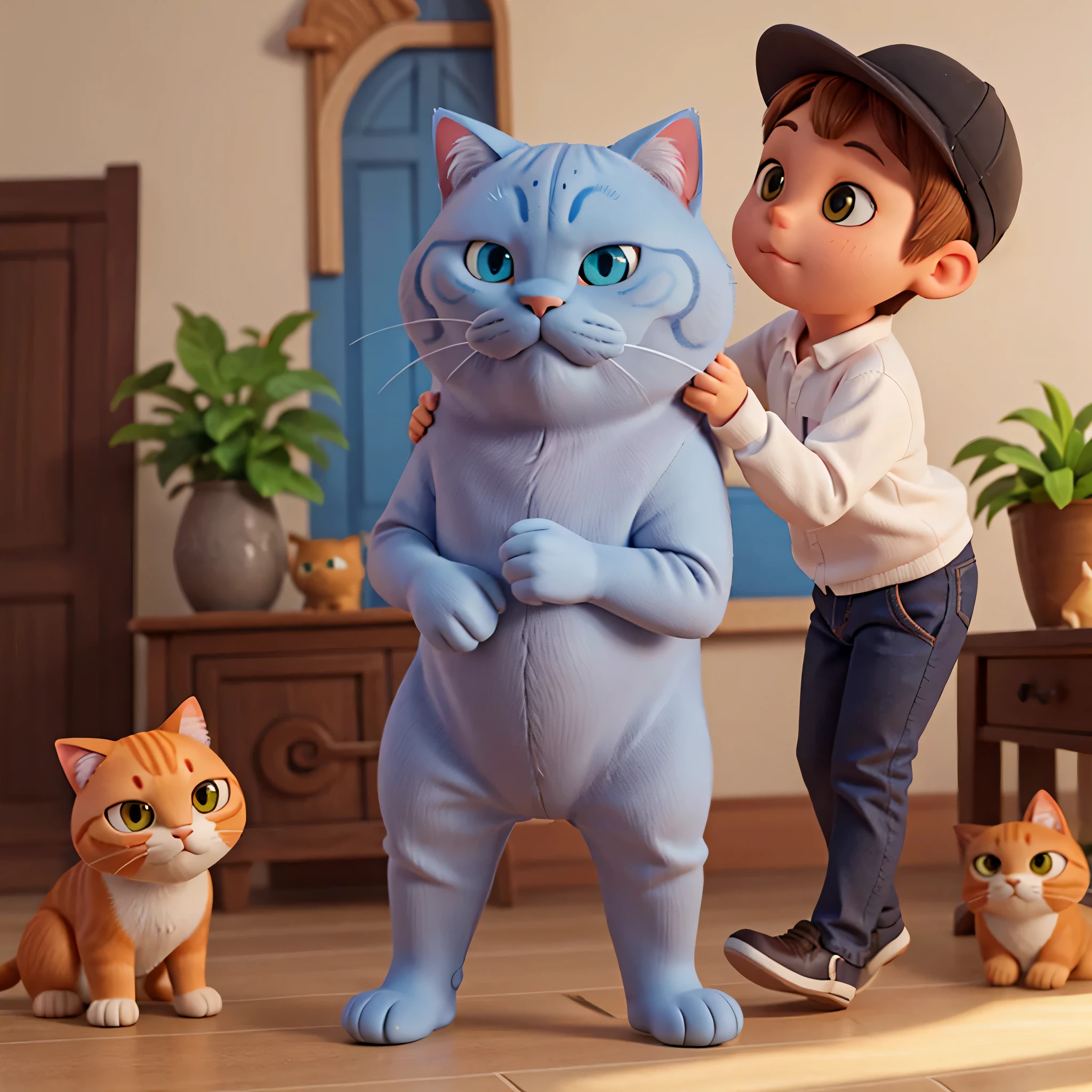 Crie um gato British Shorthair colorido com muitos detalhes no estilo pixAR