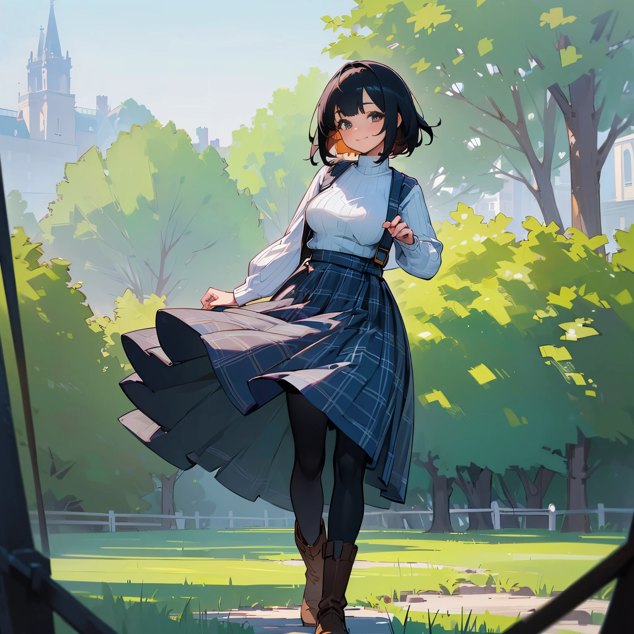 (high quality, high resolution, Super detailed, Reality:1.37), peaceful atmosphere, (outdoor, garden),  girl standing alone, (My breasts are big.), Beautiful detailed features, cute smile, (black bob hair), ribbed sweater, blue plaid skirt, Black tights, brown boots.