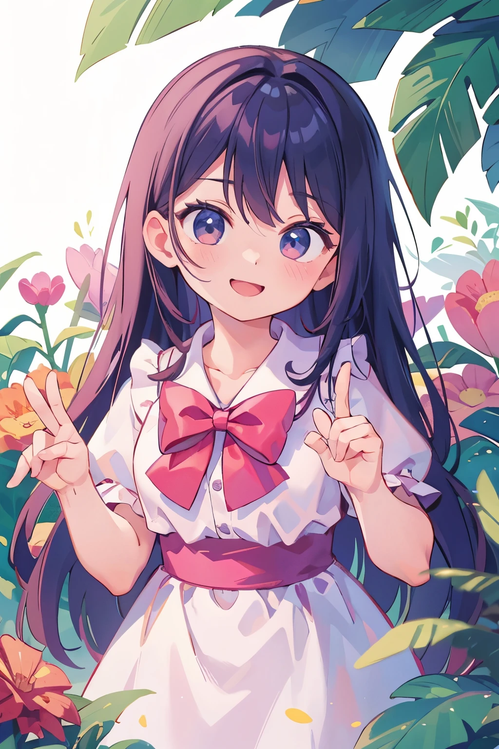 cute smile、close right eye、make your face red、Put your hands out in front of you, palms facing up、open your fingers