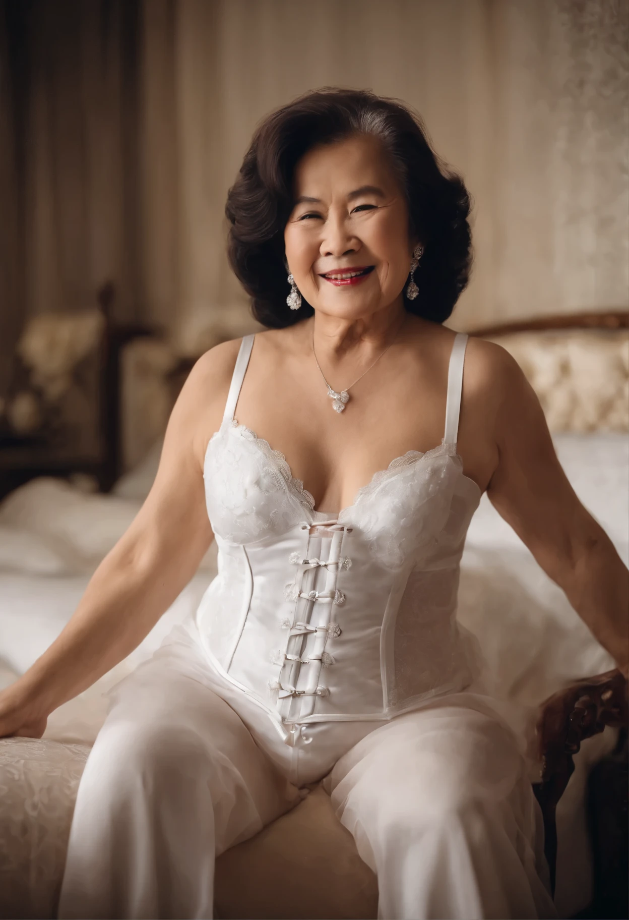 a woman aged 75, Asian, dressed in white, very pretty positive sensual smile, wearing very sexy lingerie suspender belt corset, beautiful chest and very pretty buttocks, the decor is a bedroom interior