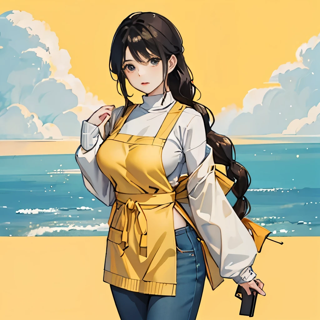 masterpiece、muste piece、Japanese anime girl with one braid、full body shot、perfect body proportions、huge breasts、wear a sweater、wear a long yellow apron、Pants are made of tight denim fabric