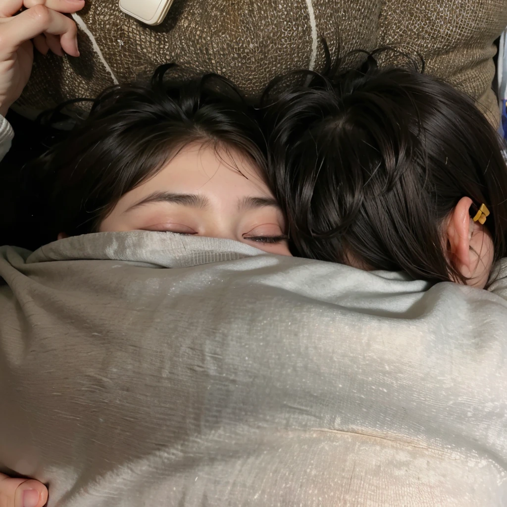 hay dos personas tiradas en el suelo con sus celulares, abrazoging each other, noche tranquila. Tiro por encima del hombro, abrazo, cubierto con manta, brazo alrededor de su cuello, abrazando, abrazoging and cradling, abrazando her gremlings, abrazoging, ocultamiento, snuggled under the covers, Foto de larga distancia, ojos cansados, He holds her while she sleeps.