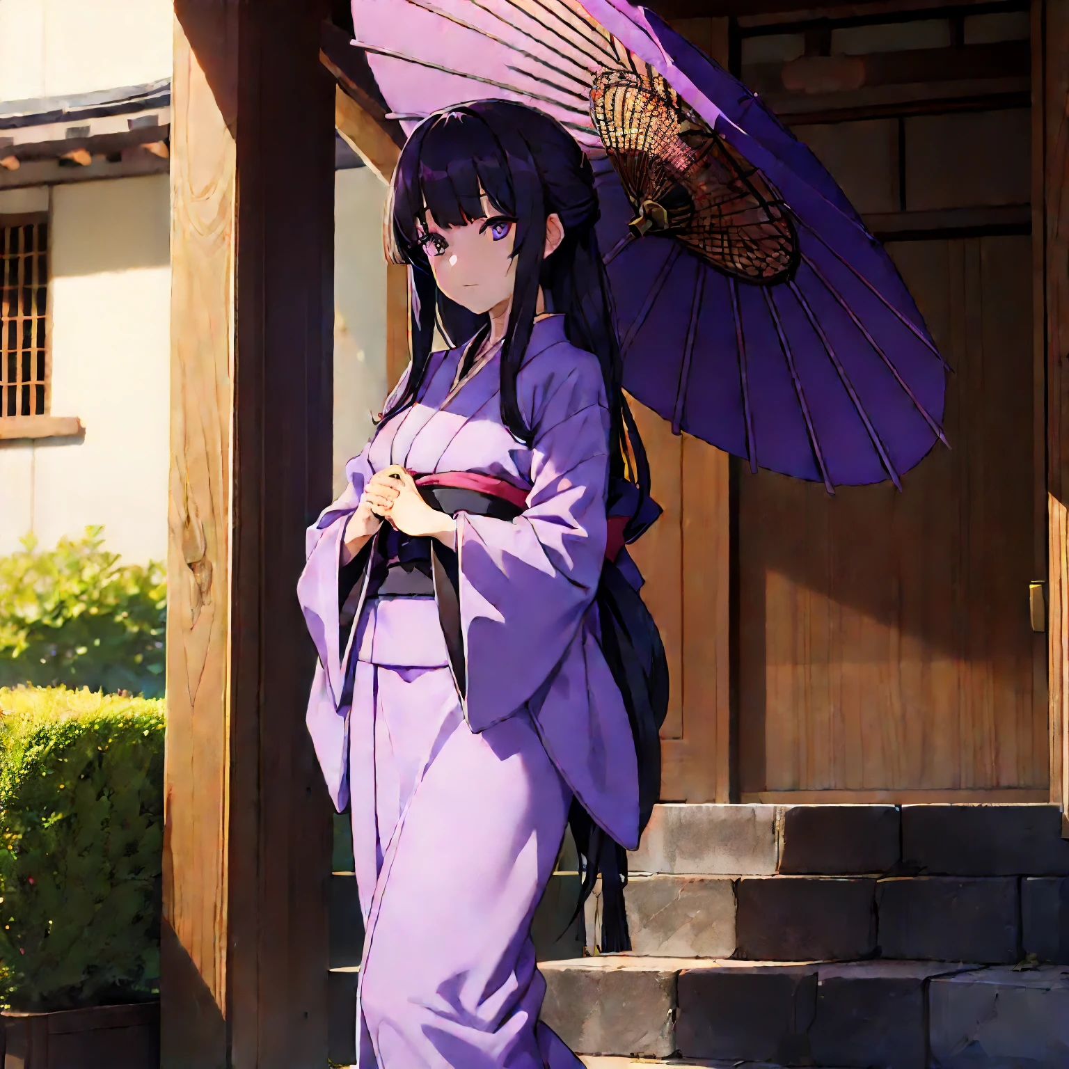 A Looks sickly girl from a Japanese nobility. 1940s with wet raven hair and light purple eyes,Walking around the mansion wearing a kimono