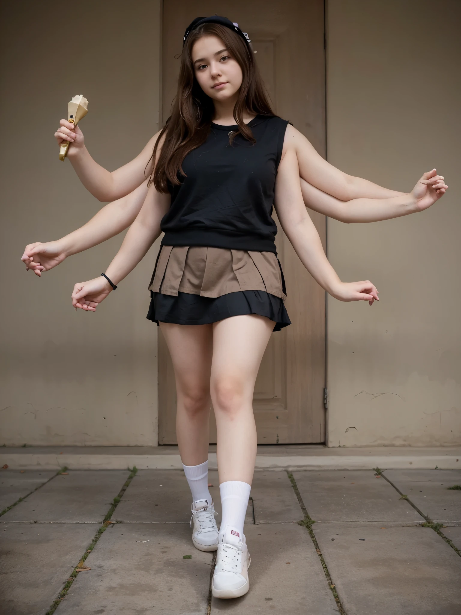 Anime fan girl, age 18, chubby, cute, light brown hair, four arms, anime fan outfit, sneakers, skirt,