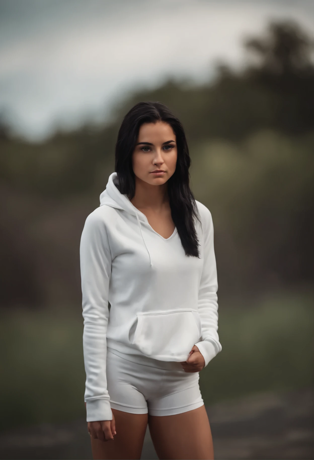 Cute young American girl, black hair, white hoodie crop top, tight sport shorts pulled up high and tight