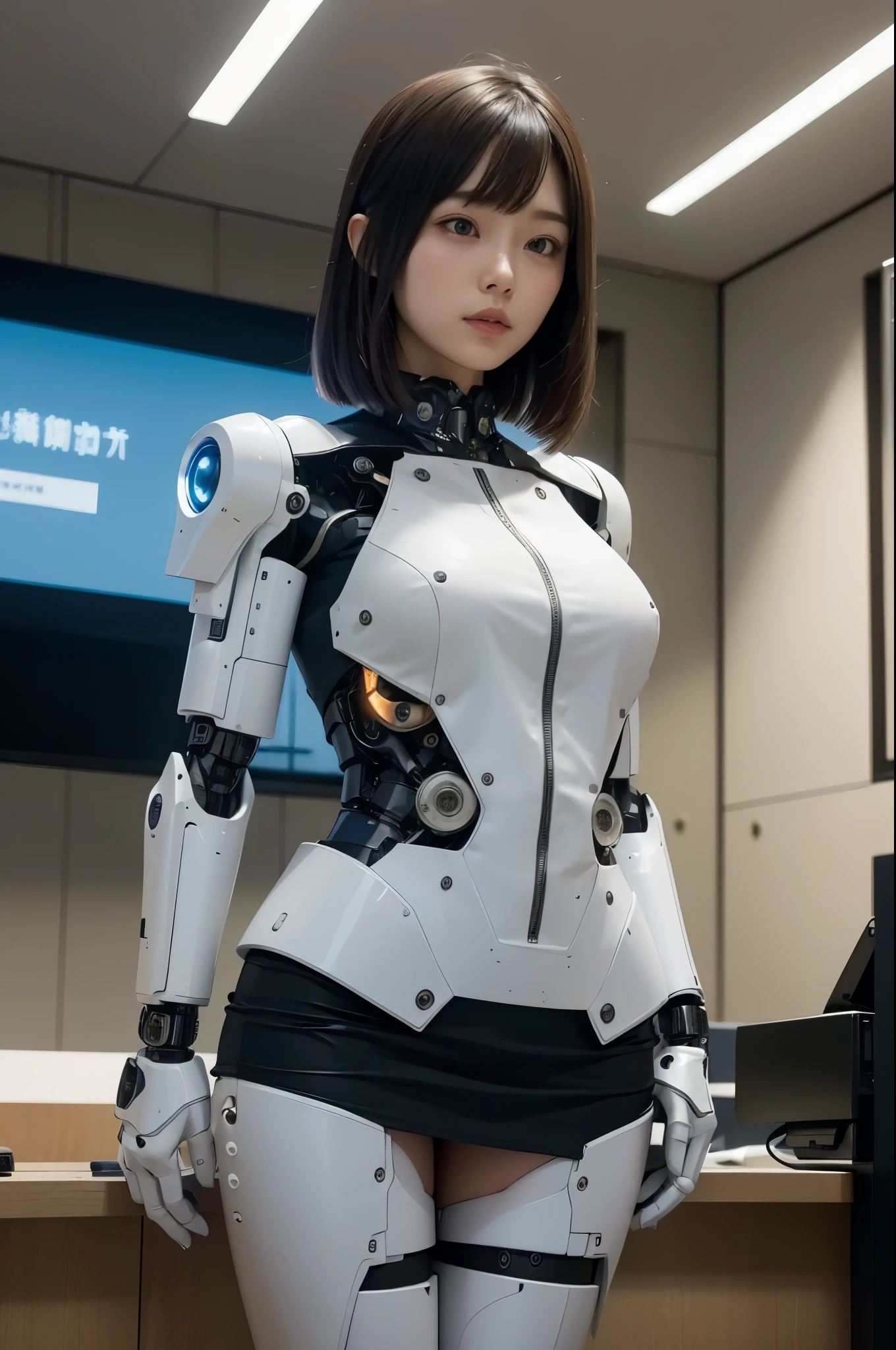 masterpiece, best quality, extremely detailed, Japaese android girl,Plump , control panels,Mechanical Hand, Robot arms and legs, Blunt bangs,future information counter,reception,mechanical body, information office,japanese android receptionist,perfect robot woman,She is powered by electricity,black sponge joints,The removable cover is on the groin,(The connection port is on the groin:1.4),access panel on the chest,miniskirt,She has repaired now,(repair seen:1.4),perfect robot girl,robot concierge,She is in information counter,blue eyes,(dilated pupil:1.4)