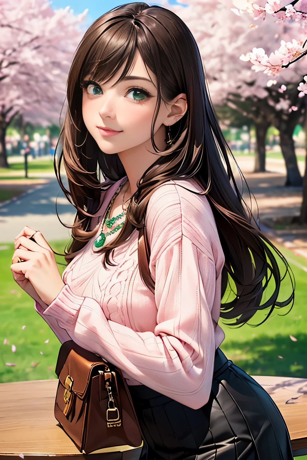 ((table top, highest quality, High resolution, nffsw, perfect pixel, Depth of bounds written, 4K, nffsw, nffsw))), 1 girl, single, alone, beautiful anime girl, beautiful art style, anime character, ((long hair, bangs, brown hair)), ((green eyes:1.4, round eyes, beautiful eyelashes, realistic eyes)), ((detailed face, blush:1.2)), ((smooth texture:0.75, realistic texture:0.65, realistic:1.1, Anime CG style)), dynamic angle, ((throw, Selfie Pose, portrait)), ((pink sweater, long sleeve, black skirt, plaid skirt, Snazzy, 1 handbag, 1 diamond necklace)), smile, amusement park, ((Cherry tree, Cherry blossoms fall))