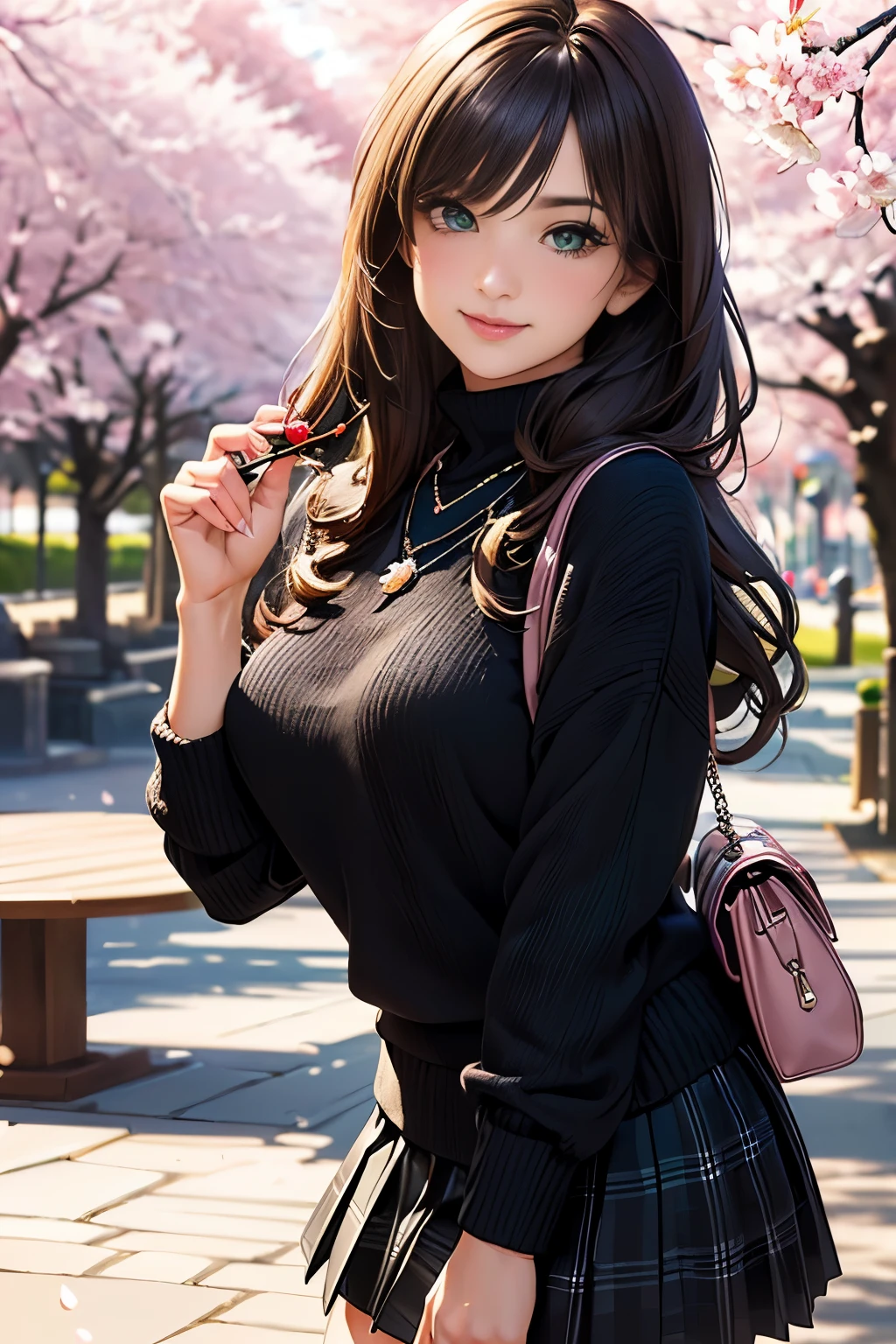 ((table top, highest quality, High resolution, nffsw, perfect pixel, written boundary depth, 4K, nffsw, nffsw))), 1 girl, single, alone, beautiful anime girl, beautiful art style, anime character, ((long hair, bangs, brown hair)), ((green eyes:1.4, round eyes, beautiful eyelashes, realistic eyes)), ((detailed face, blush:1.2)), ((smooth texture:0.75, realistic texture:0.65, realistic:1.1, Anime CG style)), dynamic angle, ((throw, Selfie Pose, portrait)), ((Black sweater, long sleeve, black skirt, plaid skirt, Fashionable, 1 handbag, 1 diamond necklace)), smile, amusement park, ((cherry blossoms, cherry blossomsの花が散る))