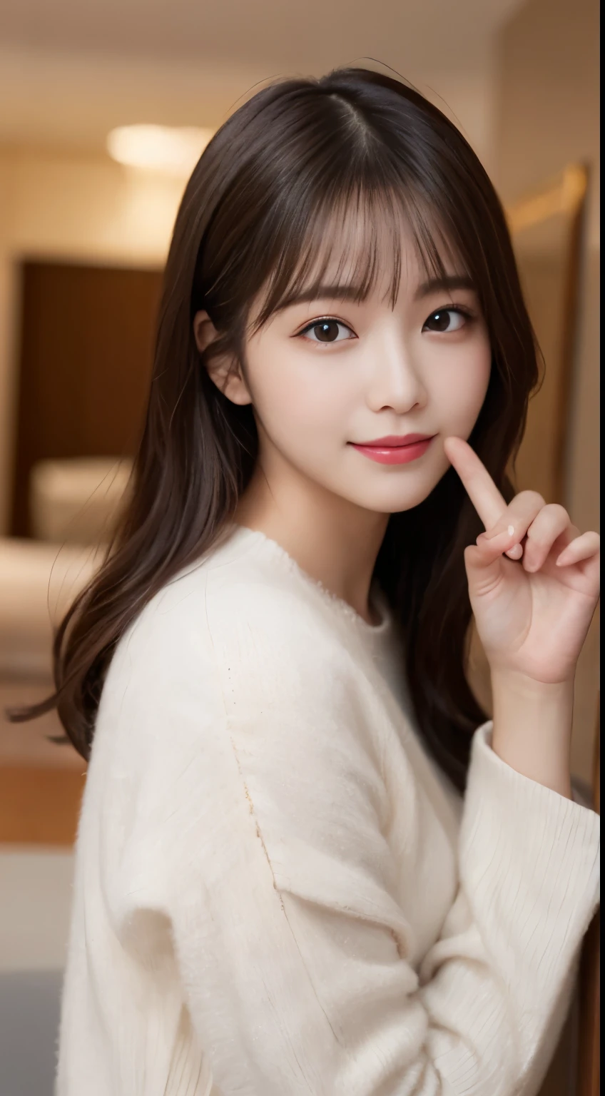 table top, highest quality, figure, super detailed, finely, High resolution, 8k wallpaper, 完璧なダイナミックな構figure, beautiful and fine eyes, white fluffy winter clothes,medium hair,,natural color lip, bold sexy pose,smile,mansion(room,Bet)、20 year old girl、cute、sexy shot looking at camera,perfect and beautiful face and fingers,Take a close-up photo of your face,Take only the face