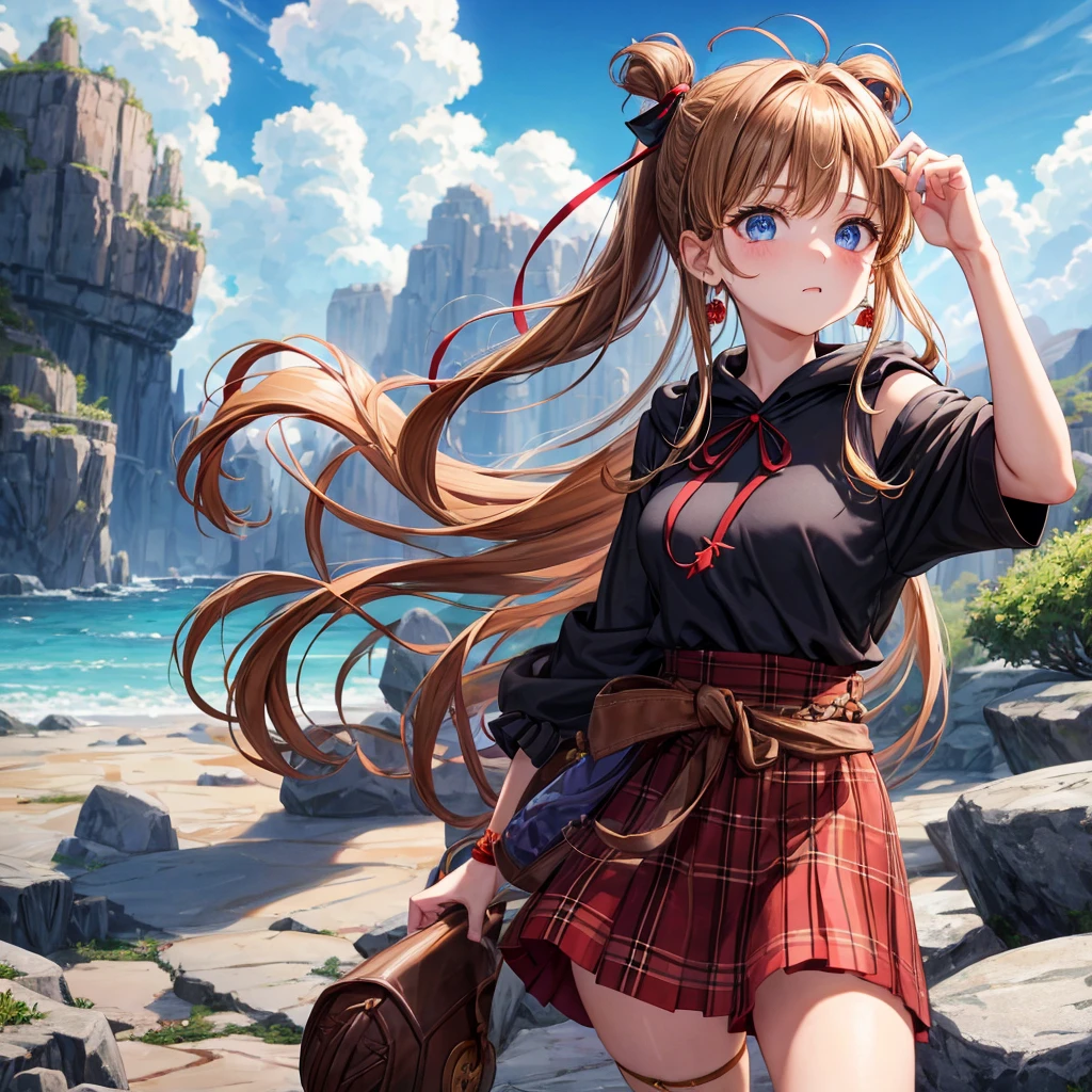 reddish-brown blonde、blue eyes、Braid、ponytail、one good looking girl、solo、anime、Plaid miniskirt、camisole、black t-shirt、dress、Doing the ribbon、Ribbon at waist、cloak、Crystal Grotto、wearing a hood、desert、clouds are swirling、stone slabs are piled up、One hand is raised、Wearing a baseball cap 、crystal earrings、sun