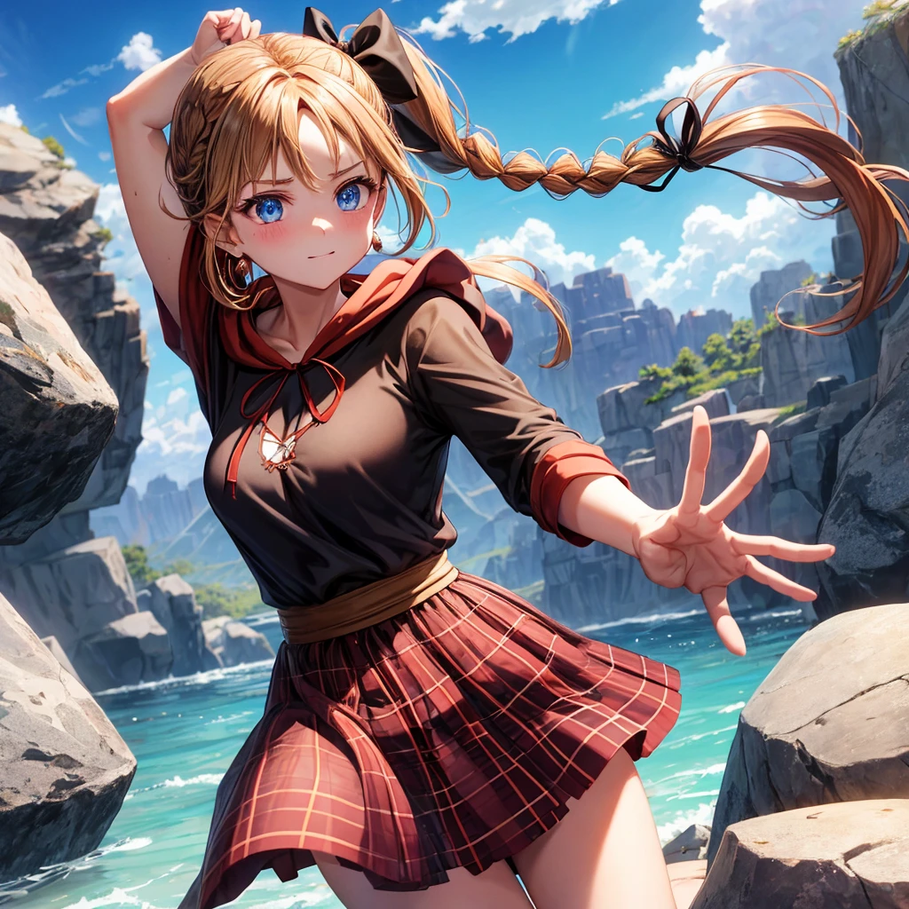 reddish-brown blonde、blue eyes、Braid、ponytail、one good looking girl、solo、anime、Plaid miniskirt、camisole、black t-shirt、dress、Doing the ribbon、Ribbon at waist、cloak、Crystal Grotto、wearing a hood、desert、clouds are swirling、stone slabs are piled up、One hand is raised、Wearing a baseball cap 、crystal earrings、sun