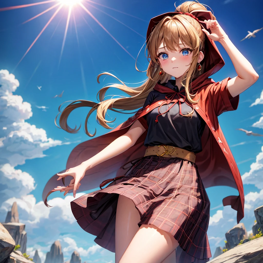 reddish-brown blonde、blue eyes、Braid、ponytail、one good looking girl、solo、anime、Plaid miniskirt、camisole、black t-shirt、dress、Doing the ribbon、Ribbon at waist、cloak、Crystal Grotto、wearing a hood、desert、clouds are swirling、stone slabs are piled up、One hand is raised、Wearing a baseball cap 、crystal earrings、sun