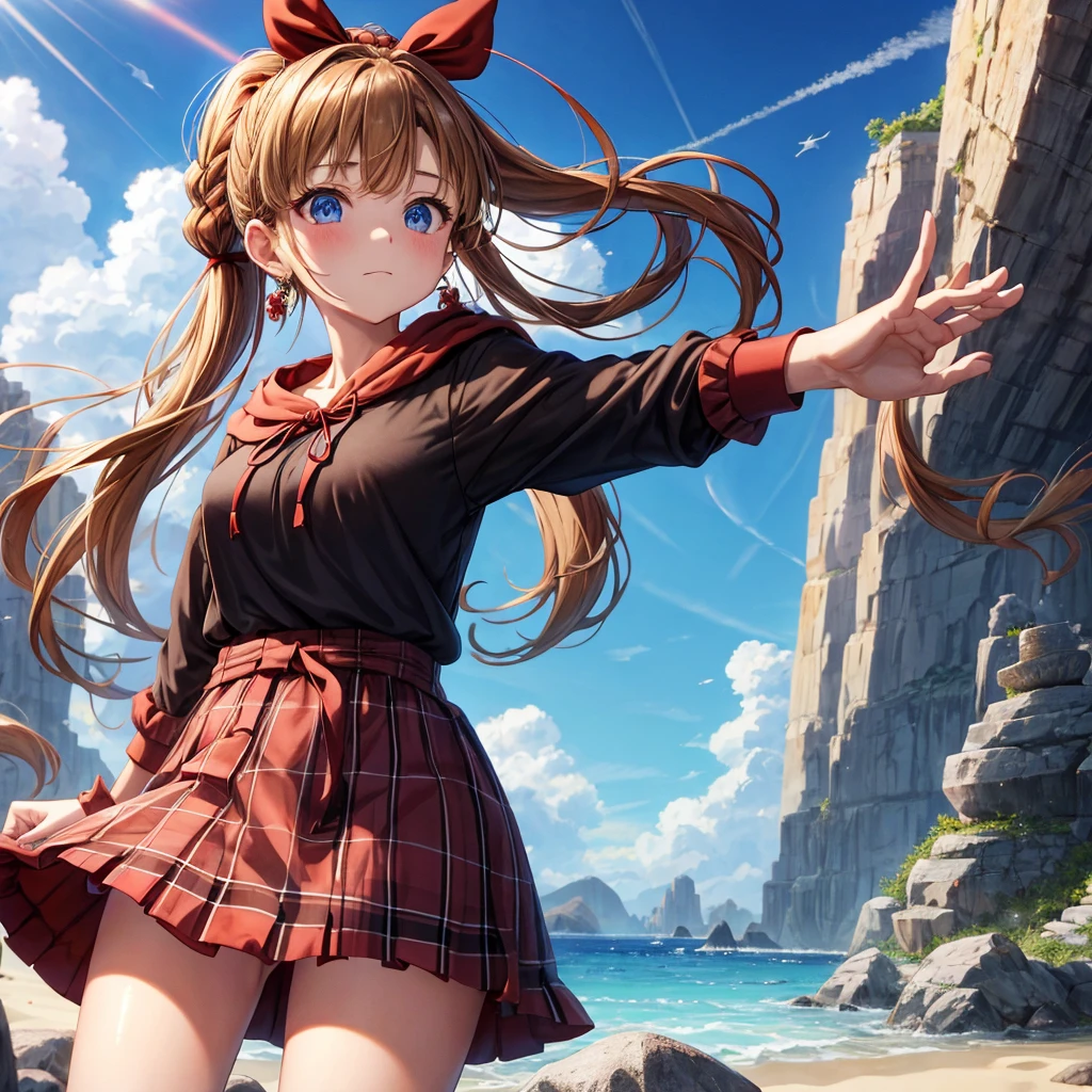 reddish-brown blonde、blue eyes、Braid、ponytail、one good looking girl、solo、anime、Plaid miniskirt、camisole、black t-shirt、dress、Doing the ribbon、Ribbon at waist、cloak、Crystal Grotto、wearing a hood、desert、clouds are swirling、stone slabs are piled up、One hand is raised、Wearing a baseball cap 、crystal earrings、sun