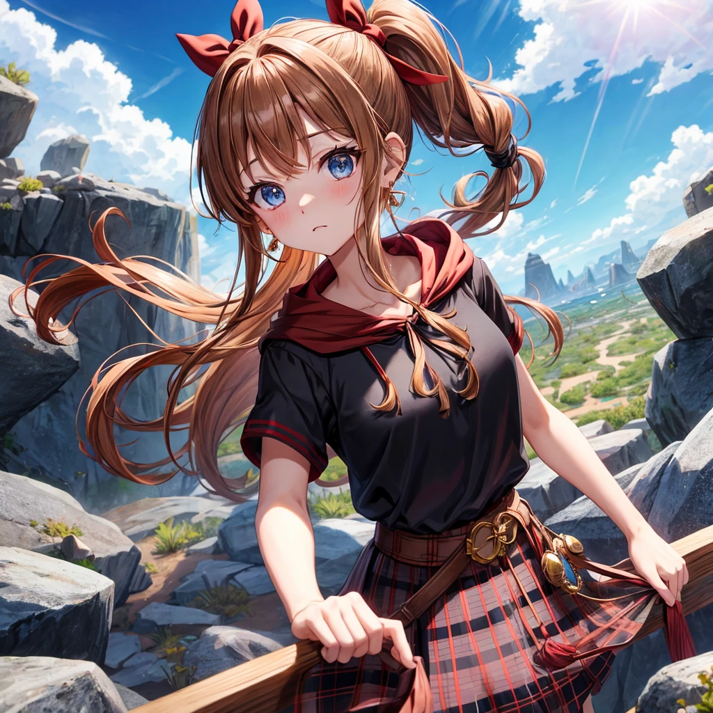 reddish-brown blonde、blue eyes、Braid、ponytail、one good looking girl、solo、anime、Plaid miniskirt、camisole、black t-shirt、dress、Doing the ribbon、Ribbon at waist、cloak、Crystal Grotto、wearing a hood、desert、clouds are swirling、stone slabs are piled up、One hand is raised、Wearing a baseball cap 、crystal earrings、sun