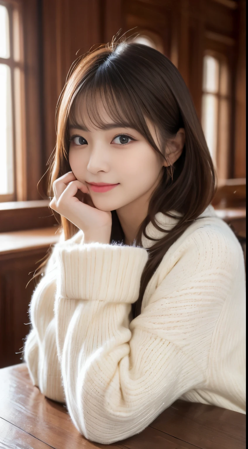 table top, highest quality, figure, super detailed, finely, High resolution, 8k wallpaper, 完璧なダイナミックな構figure, beautiful and fine eyes, white fluffy winter clothes,medium hair,,natural color lip, bold sexy pose,smile,mansion(room,Bet)、20 year old girl、cute、sexy shot looking at camera,perfect and beautiful face and fingers,Take a close-up photo of your face,Take only the face