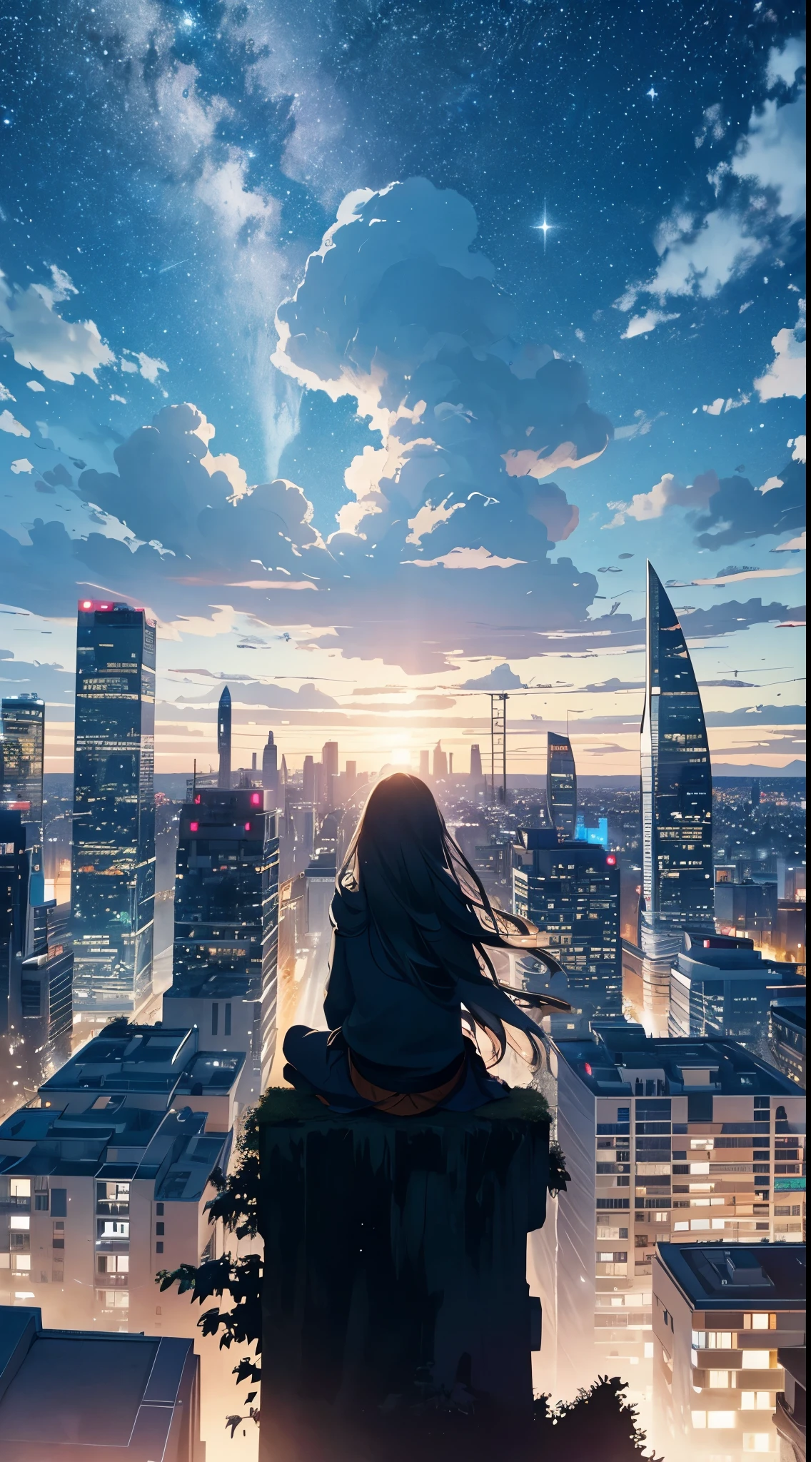 octans, sky, star (sky), scenery, starry sky, night, 1girl, night sky, solo, outdoors, building, cloud, milky way, sitting, tree, long hair, city, silhouette, cityscape  