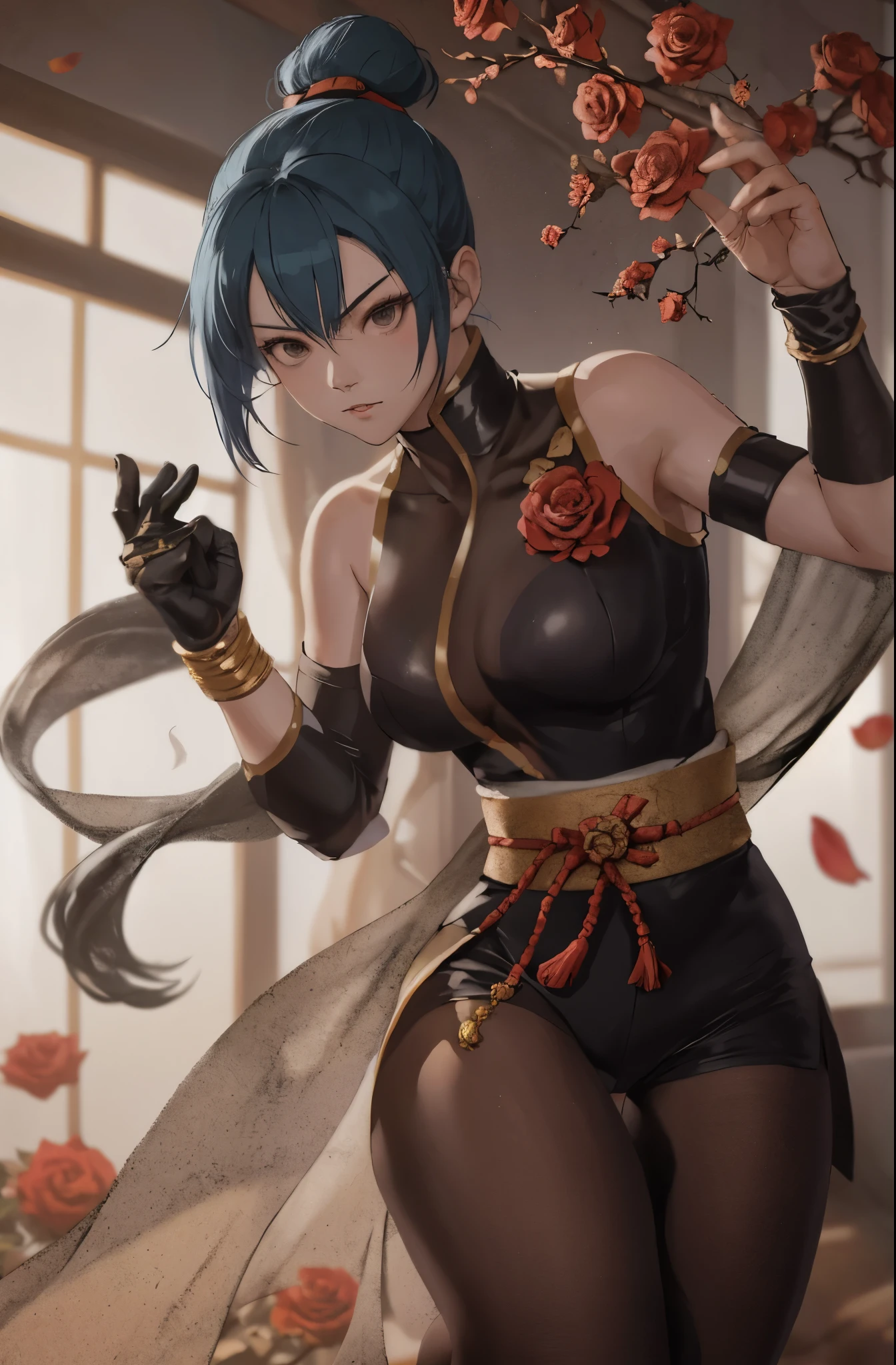 simple kunoichi outfit, vitory pose, the king of fighters, 1 person, petals of roses