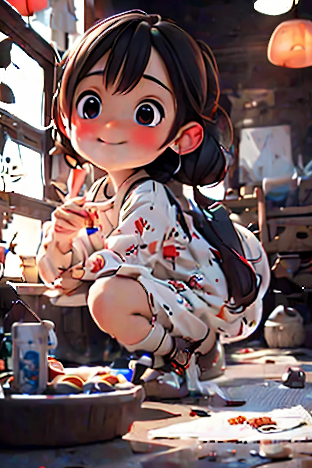 A girl looking into a stuffed animal picking game at a game center、sparkling eyes、smile、