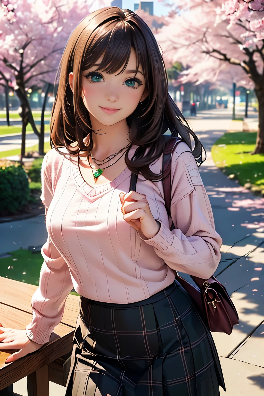 ((table top, highest quality, High resolution, nffsw, perfect pixel, Depth of bounds written, 4K, nffsw, nffsw))), 1 girl, single, alone, beautiful anime girl, beautiful art style, anime character, ((long hair, bangs, brown hair)), ((green eyes:1.4, round eyes, beautiful eyelashes, realistic eyes)), ((detailed face, blush:1.2)), ((smooth texture:0.75, realistic texture:0.65, realistic:1.1, Anime CG style)),  dynamic angle,  ((throw, Selfie Pose, portrait)), ((pink sweater, long sleeve, black skirt, plaid skirt, Snazzy, 1 handbag, 1 diamond necklace)), smile,  amusement park, ((Cherry tree, Cherry blossoms fall))