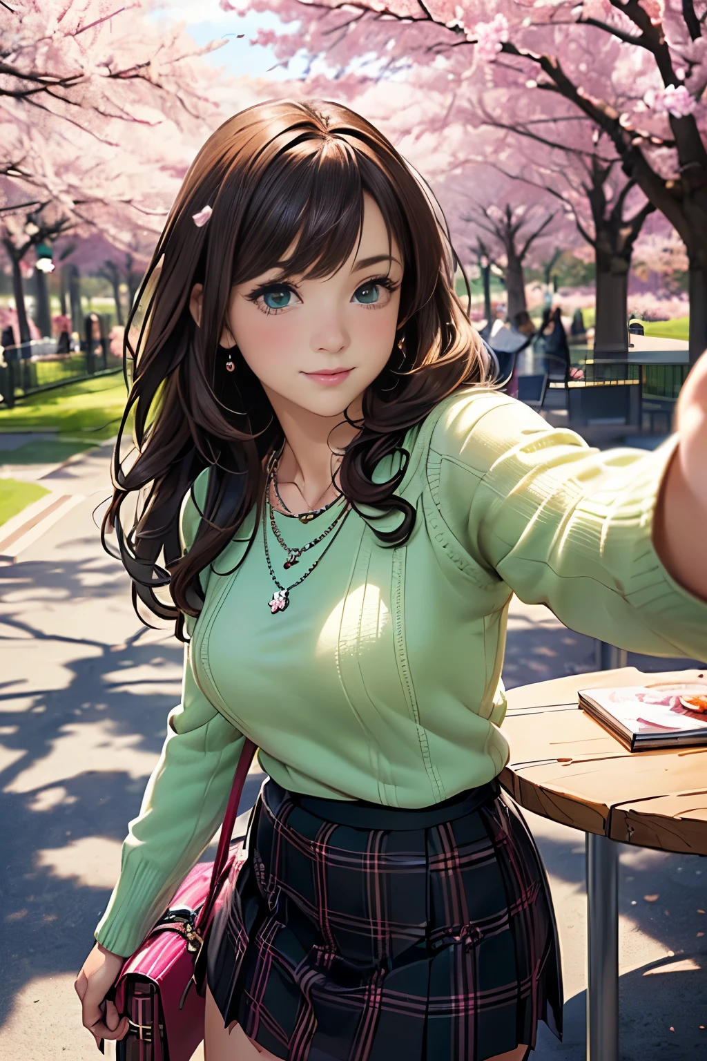 ((table top, highest quality, High resolution, nffsw, perfect pixel, Depth of bounds written, 4K, nffsw, nffsw))), 1 girl, single, alone, beautiful anime girl, beautiful art style, anime character, ((long hair, bangs, brown hair)), ((green eyes:1.4, round eyes, beautiful eyelashes, realistic eyes)), ((detailed face, blush:1.2)), ((smooth texture:0.75, realistic texture:0.65, realistic:1.1, Anime CG style)), dynamic angle, ((throw, Selfie Pose, portrait)), ((pink sweater, long sleeve, black skirt, plaid skirt, Snazzy, 1 handbag, 1 diamond necklace)), smile, amusement park, ((Cherry tree, Cherry blossoms fall))