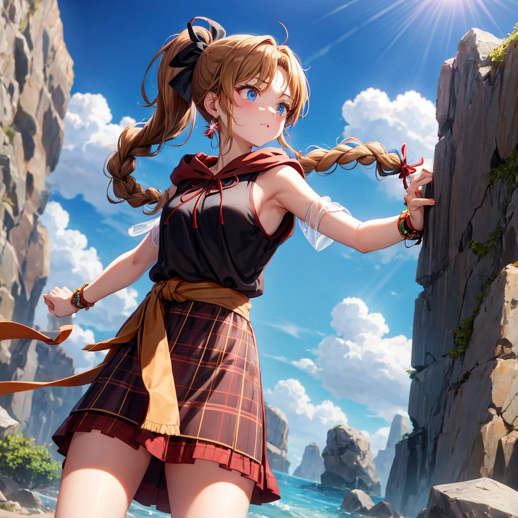 reddish-brown blonde、blue eyes、Braid、ponytail、one good looking girl、solo、anime、Plaid miniskirt、camisole、black t-shirt、dress、Doing the ribbon、Ribbon at waist、cloak、Crystal Grotto、wearing a hood、desert、clouds are swirling、stone slabs are piled up、One hand is raised、Wearing a baseball cap 、crystal earrings、sun