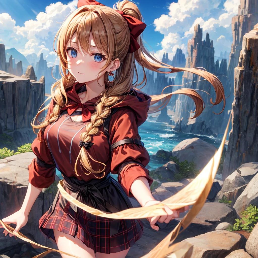 reddish-brown blonde、blue eyes、Braid、ponytail、one good looking girl、solo、anime、Plaid miniskirt、camisole、black t-shirt、dress、Doing the ribbon、Ribbon at waist、cloak、Crystal Grotto、wearing a hood、desert、clouds are swirling、stone slabs are piled up、One hand is raised、Wearing a baseball cap 、crystal earrings、sun