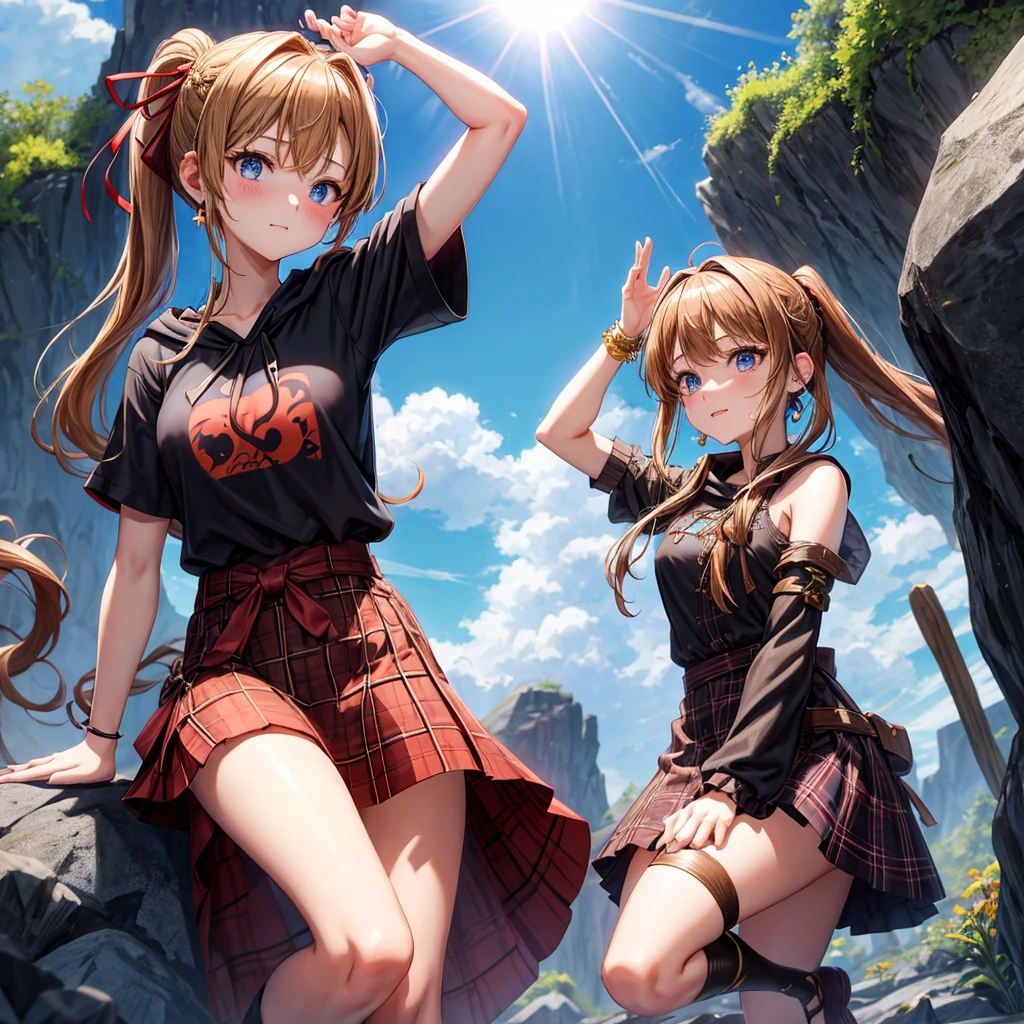 reddish-brown blonde、blue eyes、Braid、ponytail、one good looking girl、solo、anime、Plaid miniskirt、camisole、black t-shirt、dress、Doing the ribbon、Ribbon at waist、cloak、Crystal Grotto、wearing a hood、desert、clouds are swirling、stone slabs are piled up、One hand is raised、Wearing a baseball cap 、crystal earrings、sun