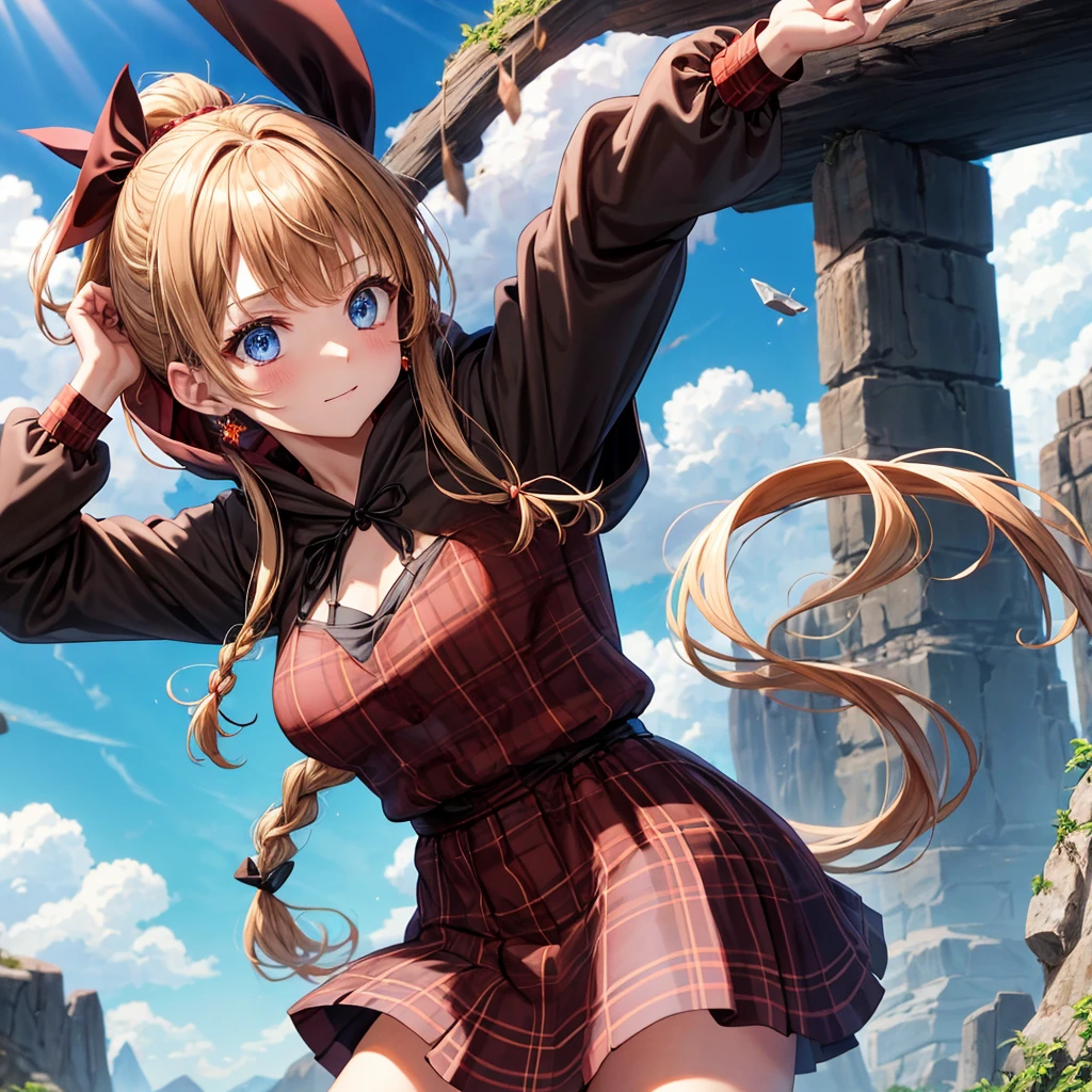 reddish-brown blonde、blue eyes、Braid、ponytail、one good looking girl、solo、anime、Plaid miniskirt、camisole、black t-shirt、dress、Doing the ribbon、Ribbon at waist、cloak、Crystal Grotto、wearing a hood、desert、clouds are swirling、stone slabs are piled up、One hand is raised、Wearing a baseball cap 、crystal earrings、sun