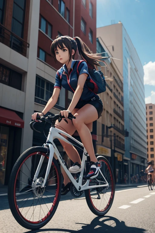 a girl rides a bicycle a street next to tall buildings, in running shorts, short shorts, inspired by Tsubasa Nakai, pixiv contest winner, highschool dxd, 3 d render official art, holo, thighs focus

