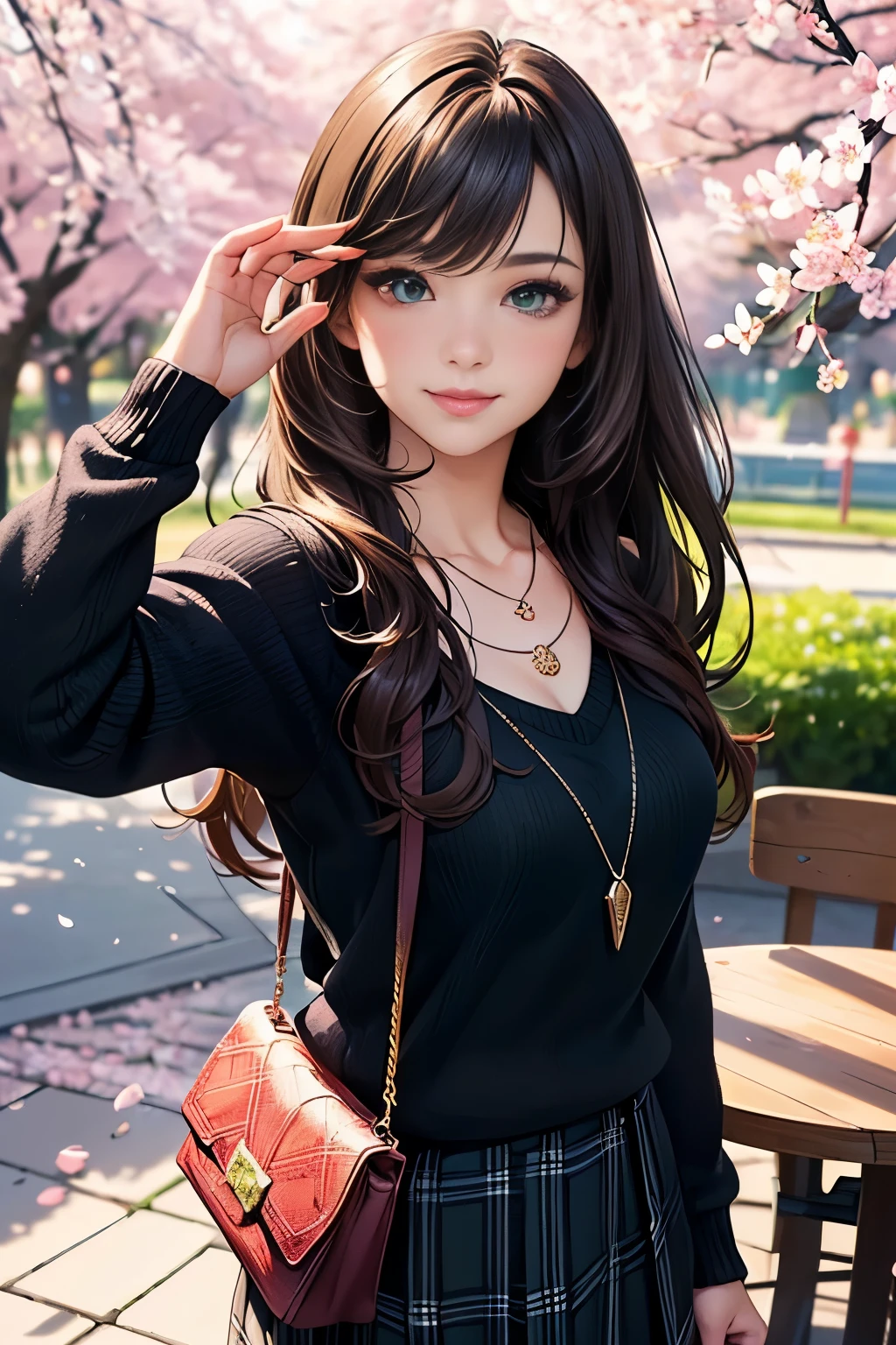 ((table top, highest quality, High resolution, nffsw, perfect pixel, written boundary depth, 4K, nffsw, nffsw))), 1 girl, single, alone, beautiful anime girl, beautiful art style, anime character, ((long hair, bangs, brown hair)), ((green eyes:1.4, round eyes, beautiful eyelashes, realistic eyes)), ((detailed face, blush:1.2)), ((smooth texture:0.75, realistic texture:0.65, realistic:1.1, Anime CG style)), dynamic angle, ((throw, Selfie Pose, portrait)), ((Black sweater, long sleeve, black skirt, plaid skirt, Fashionable, 1 handbag, 1 diamond necklace)), smile, amusement park, ((cherry blossoms, cherry blossomsの花が散る))