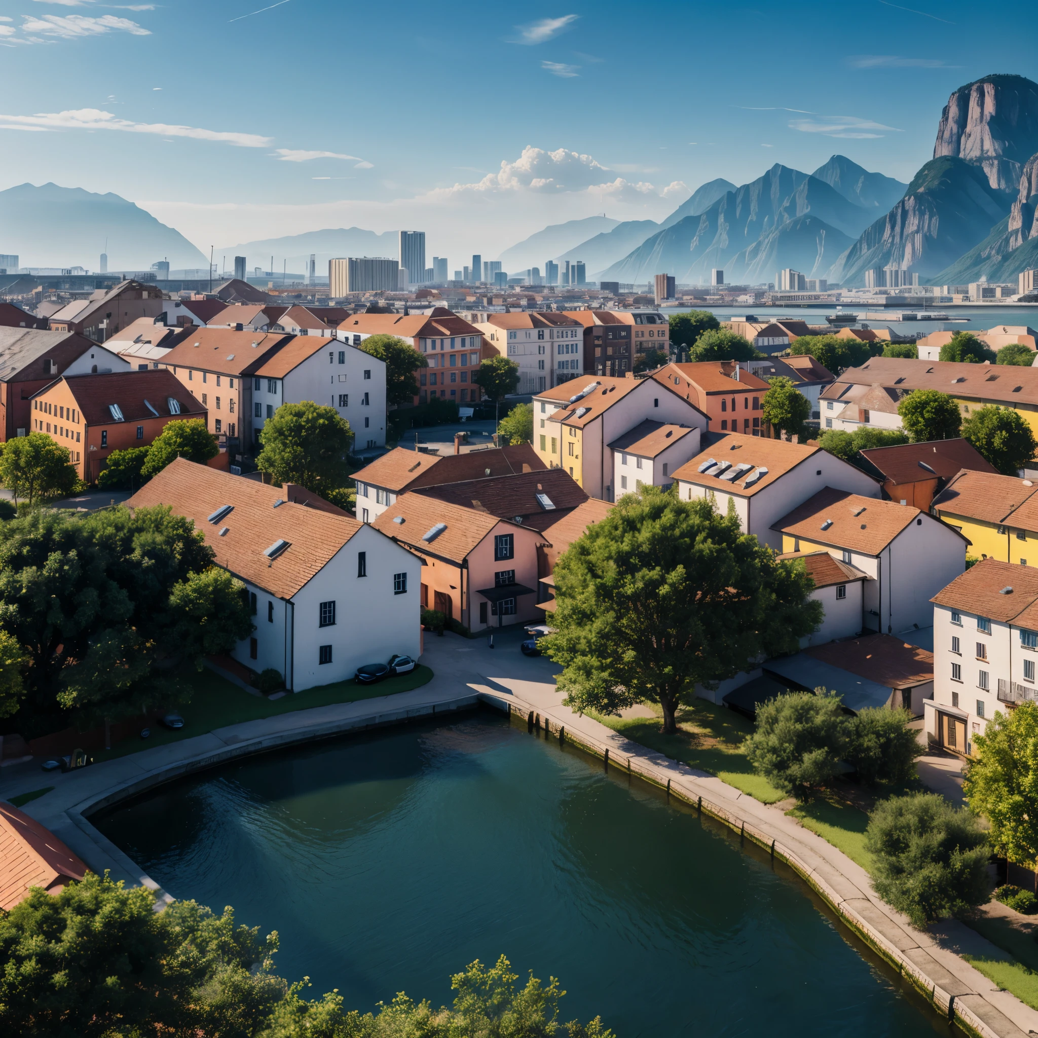 Landscape with buildings, (Alternative:1.6), hyper realistic, 8k, vibrant colors, sharp image