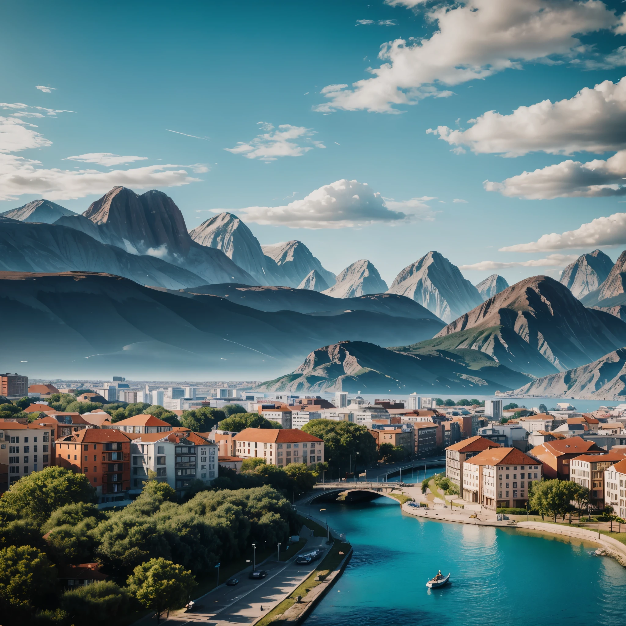 Landscape with buildings, (Alternative:1.6), hyper realistic, 8k, vibrant colors, sharp image