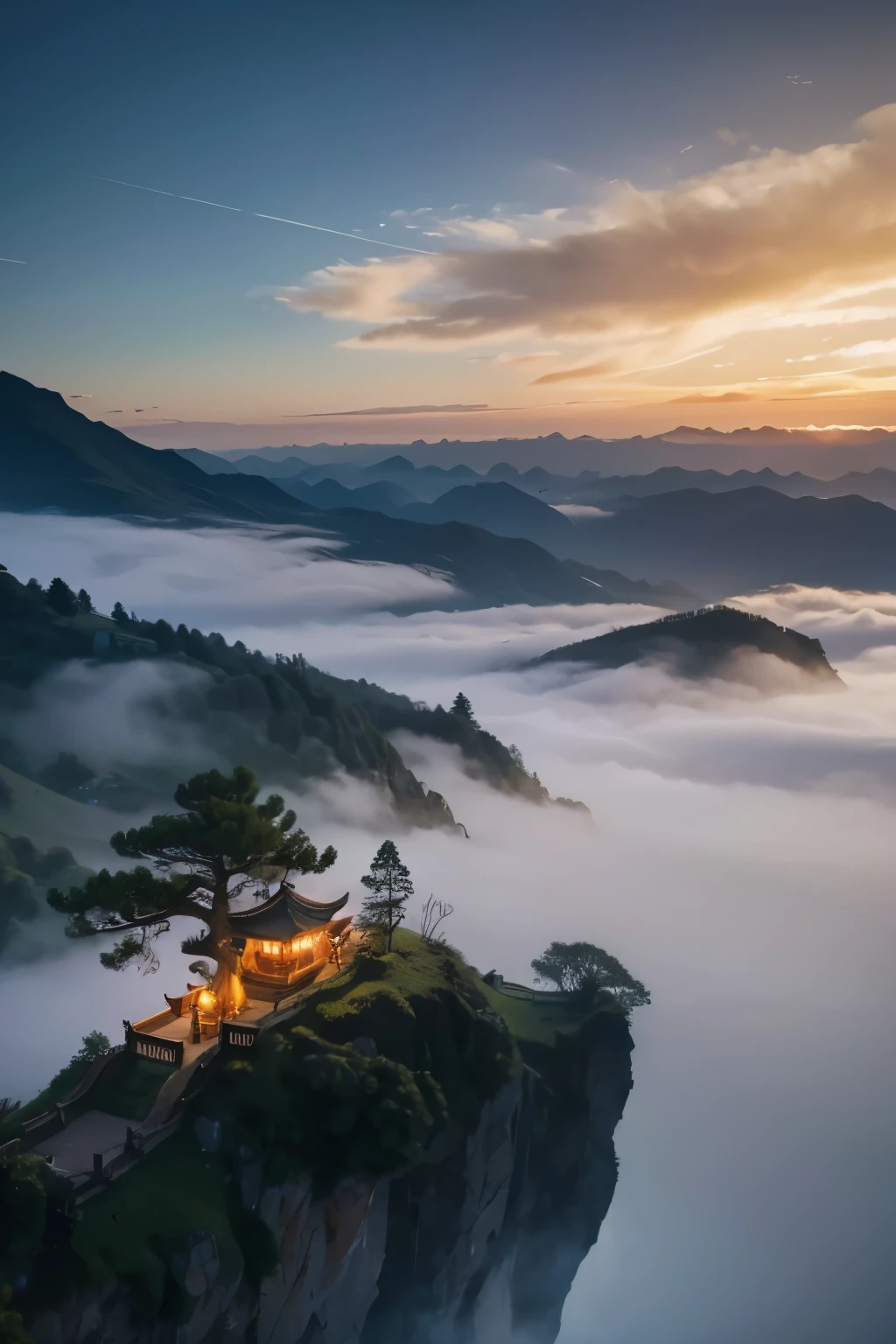 A majestic dragon winds its way over the mist-shrouded mountain tops
