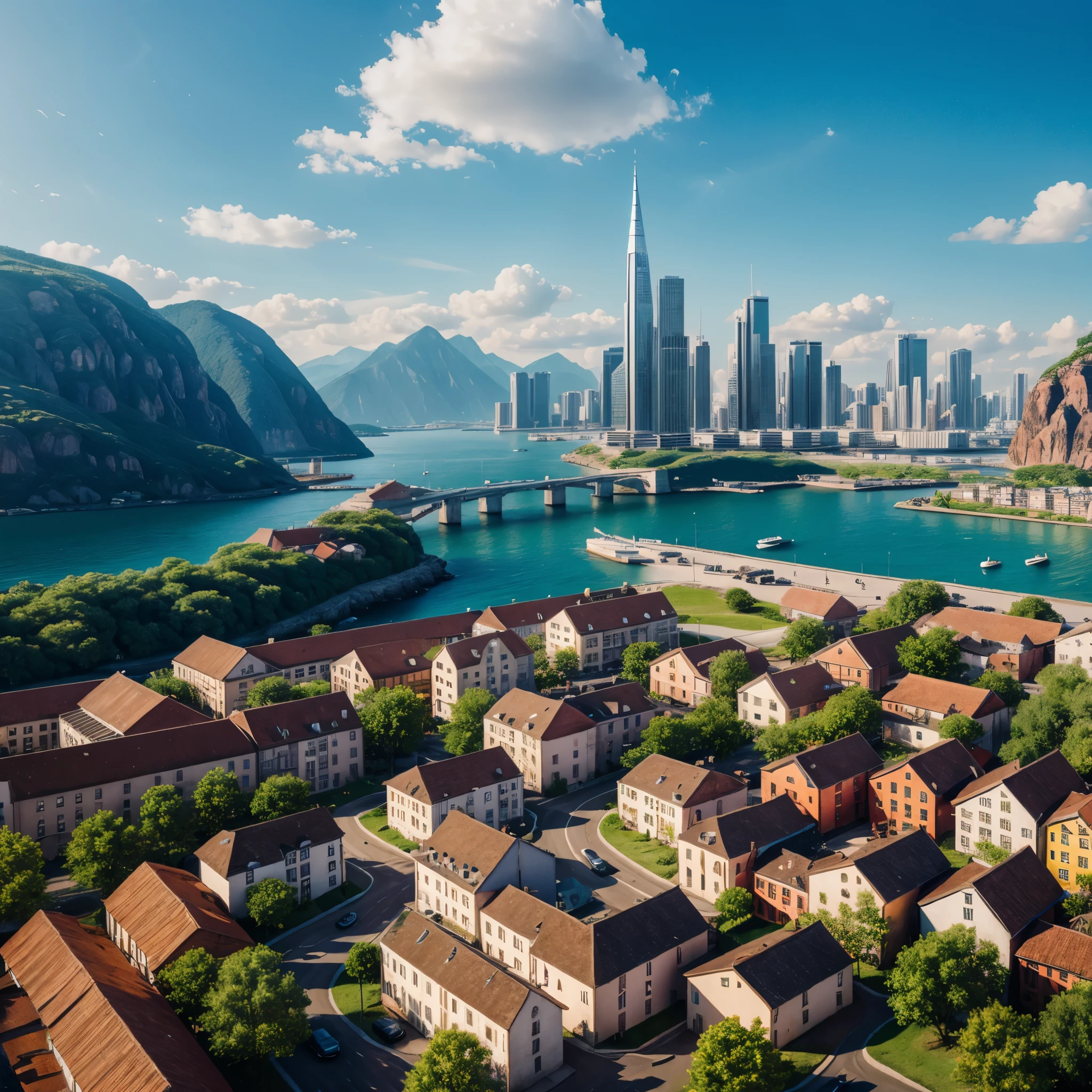 Landscape with buildings, (Alternative:1.6), hyper realistic, 8k, vibrant colors, sharp image